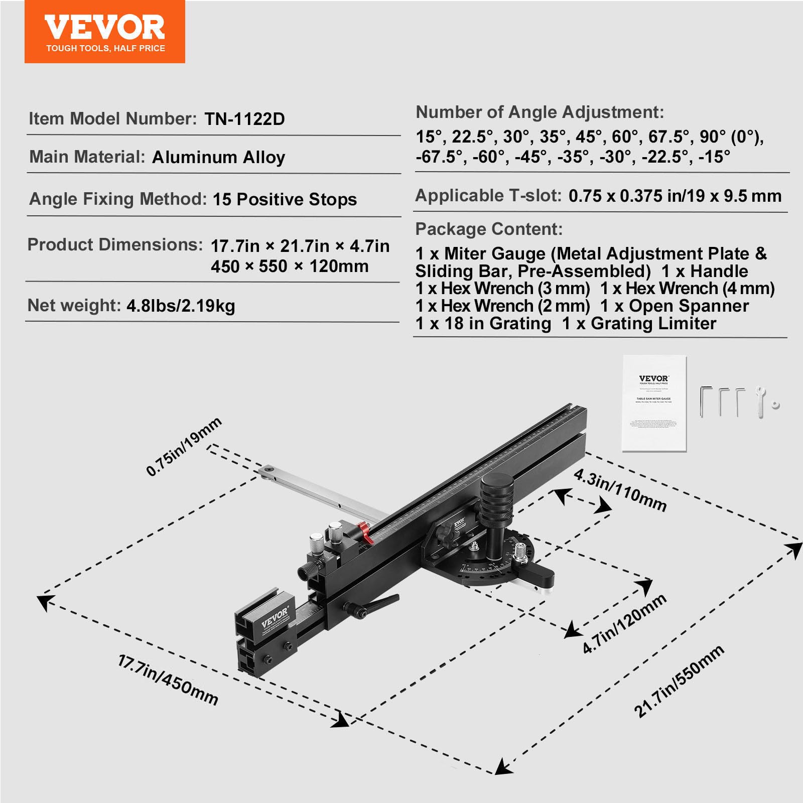 VEVOR Gehrungsanschlag, Standardschlitz 19 x 10 mm, Aluminiumlegierung mit 48-89 cm Rasterung, 15 Winkelanschlägen, verstellbarem Kolben und abnehmbarer Scheibe, für die Holzbearbeitung
