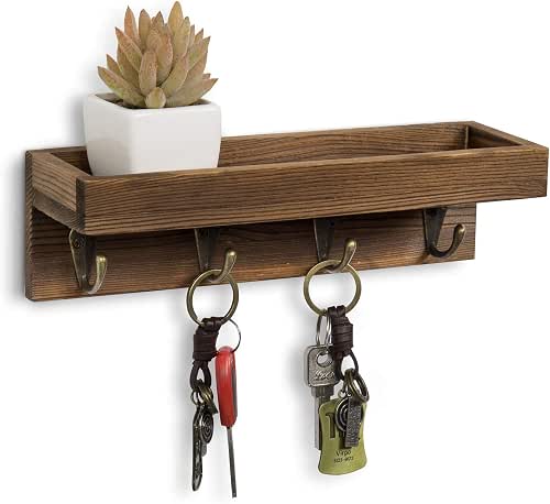 MyGift 10 Inch Floating Wall Shelf with Hooks, Dark Brown