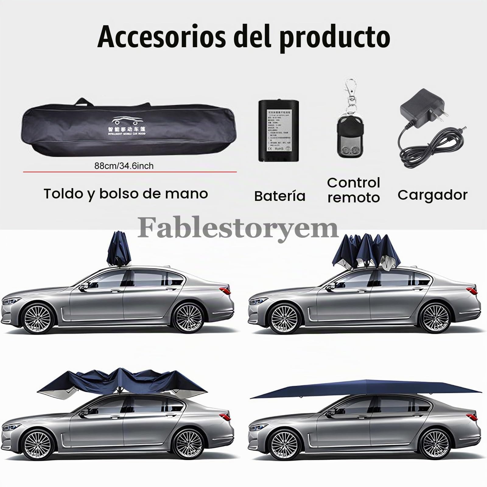 Carpa Universal para Coche con Control Remoto, Toldo Plegable Automático, Sombrilla Móvil para Exteriores - Silver Gray-4.8m/189''
