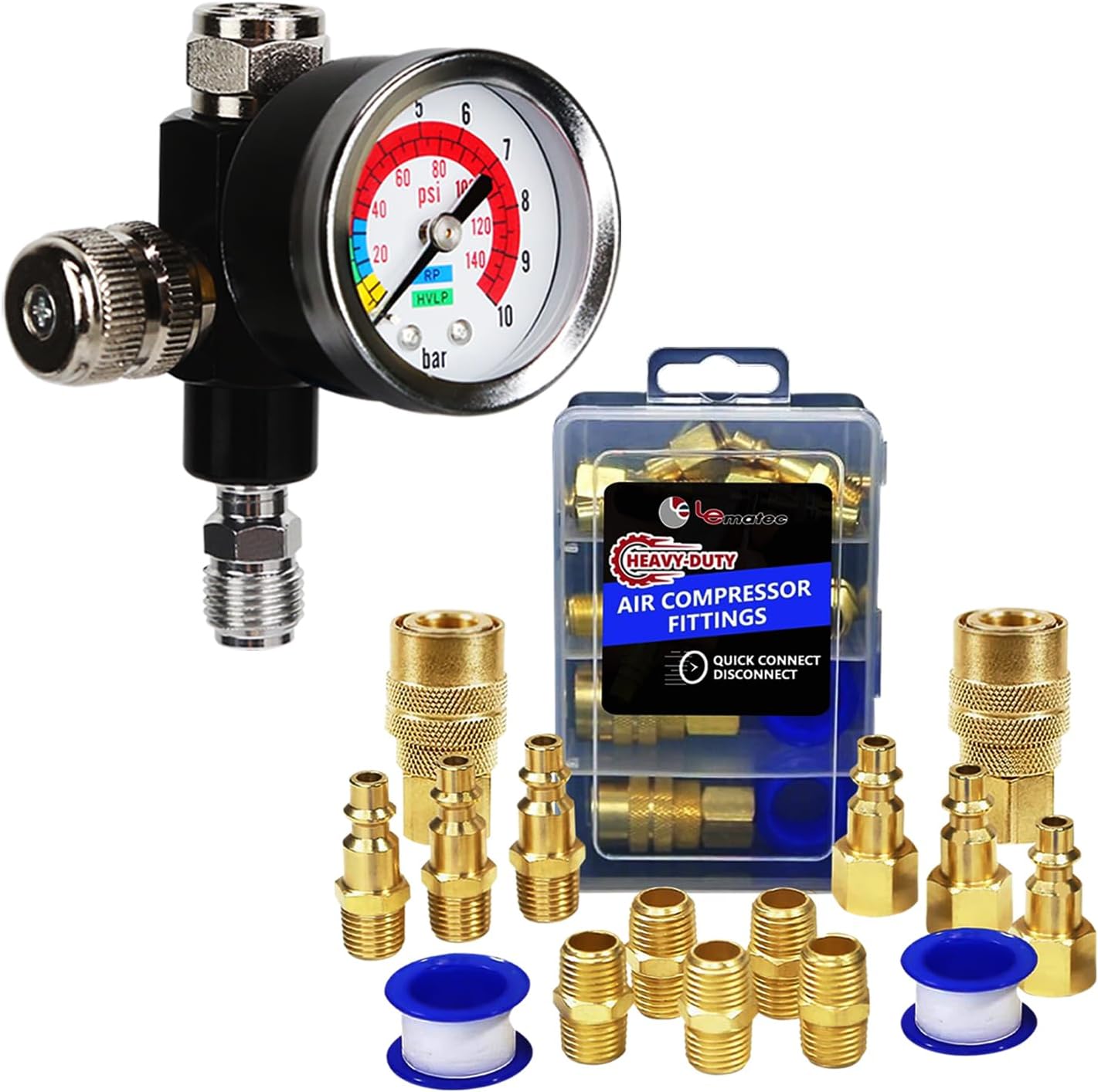 LE LEMATEC Spray Gun Regulator & 15pc Air Compressor Hose Fitting Kit