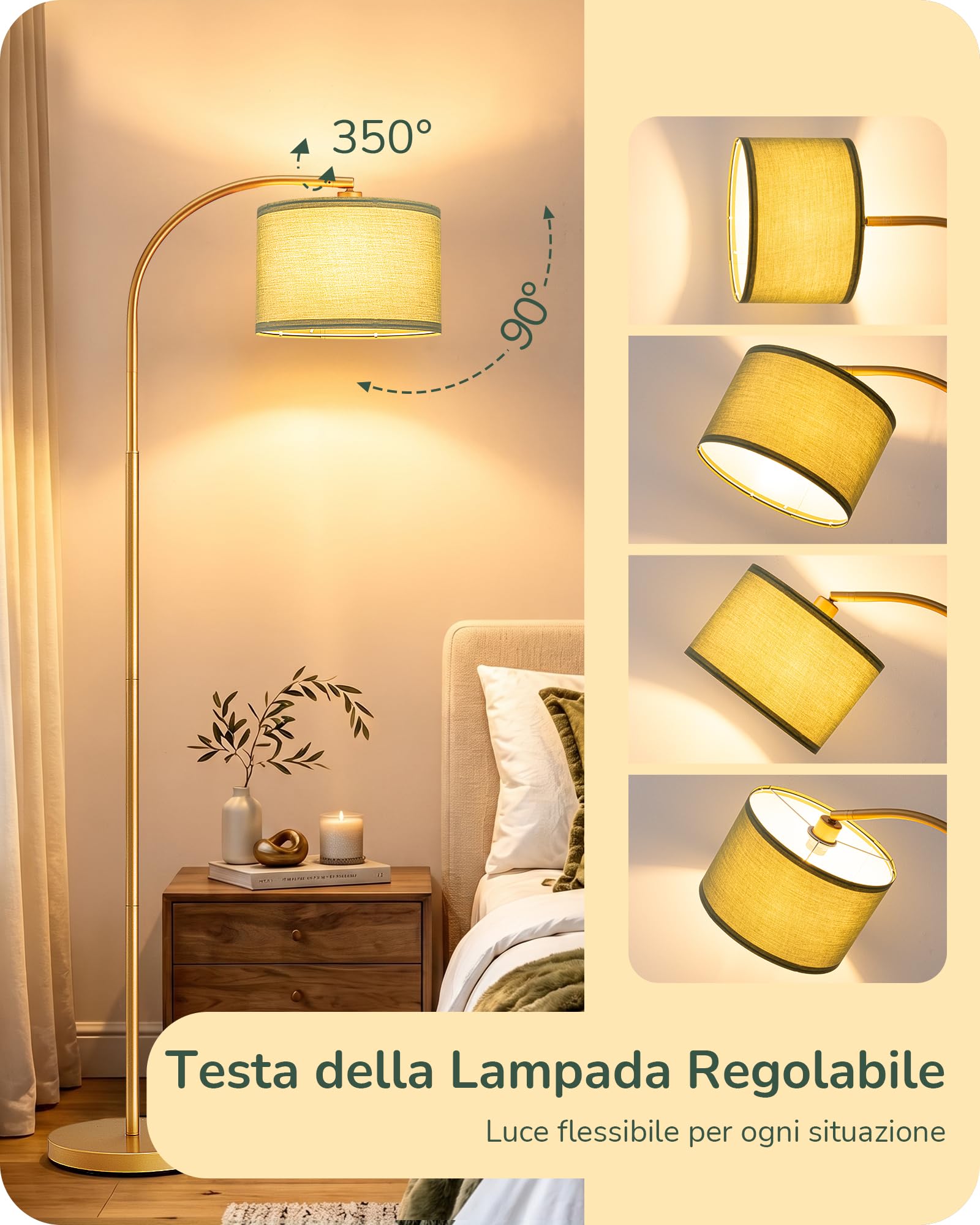 EDISHINE Lampada da Terra Soggiorno, Testa Orientabile, Verde Salvia & Oro | Struttura in Metallo & Paralume in Tessuto, Attacco E27, Lampadina LED 2700K Bianco Caldo Inclusa, per Camera da Letto