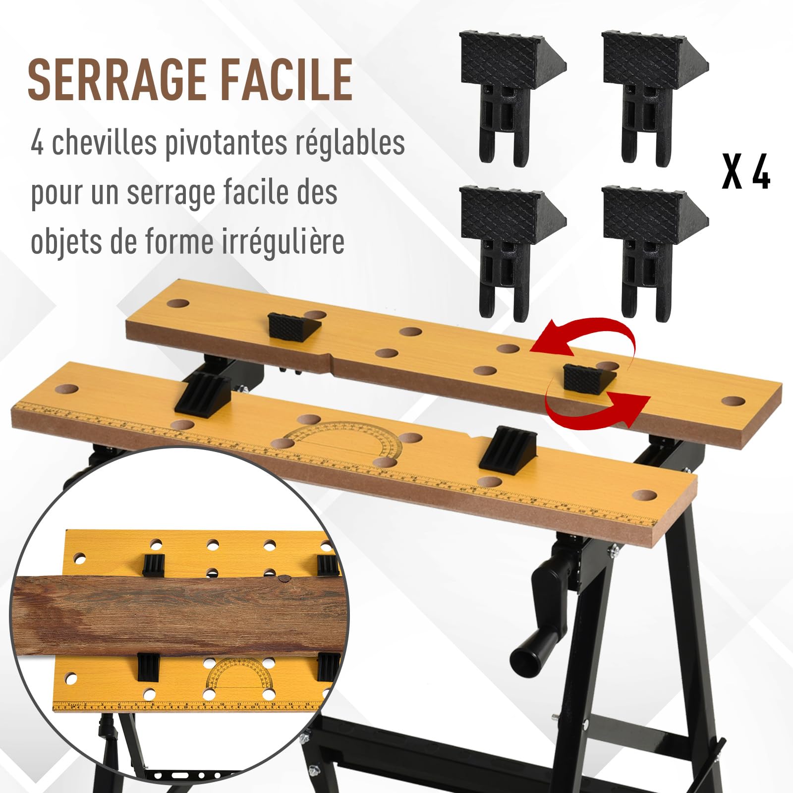 DURHAND Établi pliant établi de serrage avec 4 serre-joints table de travail chevalet de sciage, charge 100 kg, structure en acier, plan de travail pour chantier atelier garage, 62,5x60,5x78,5cm, noir