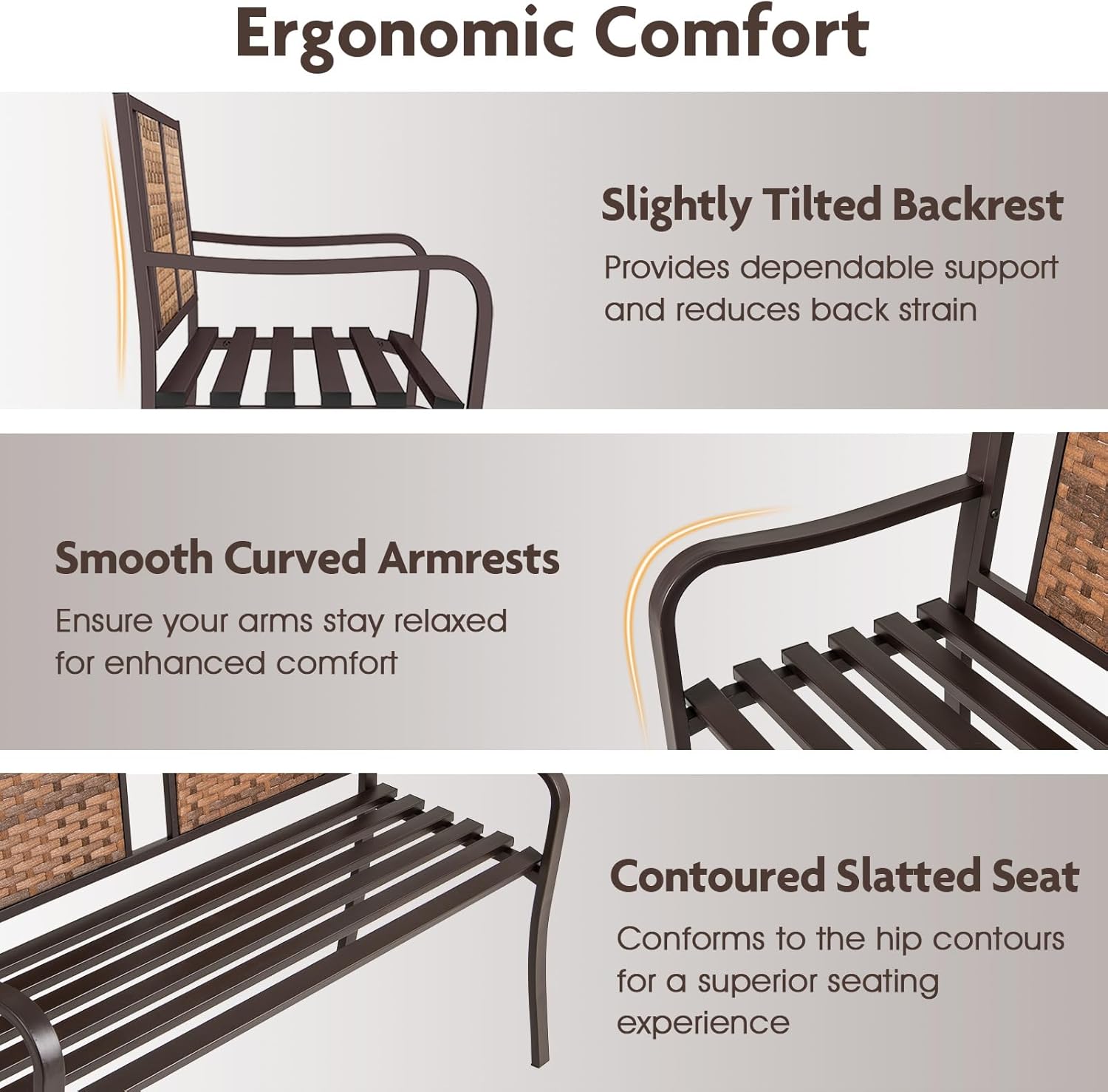 Giantex Outdoor Bench with PE Rattan Backrest, Curved Armrests, Slatted Seat for 2-3 Persons, Heavy-Duty Outdoor Seating Furniture, Garden Bench for Patio, Backyard, Poolside, Porch, Park, Brown