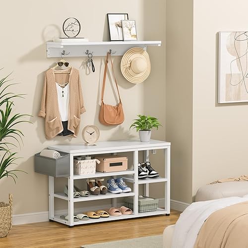 Miniatura 7 de Aiho Árbol de pasillo con banco de zapatos, industrial 4 en 1, perchero con 4 ganchos, 5 cubos de almacenamiento, para entrada, pasillo, color