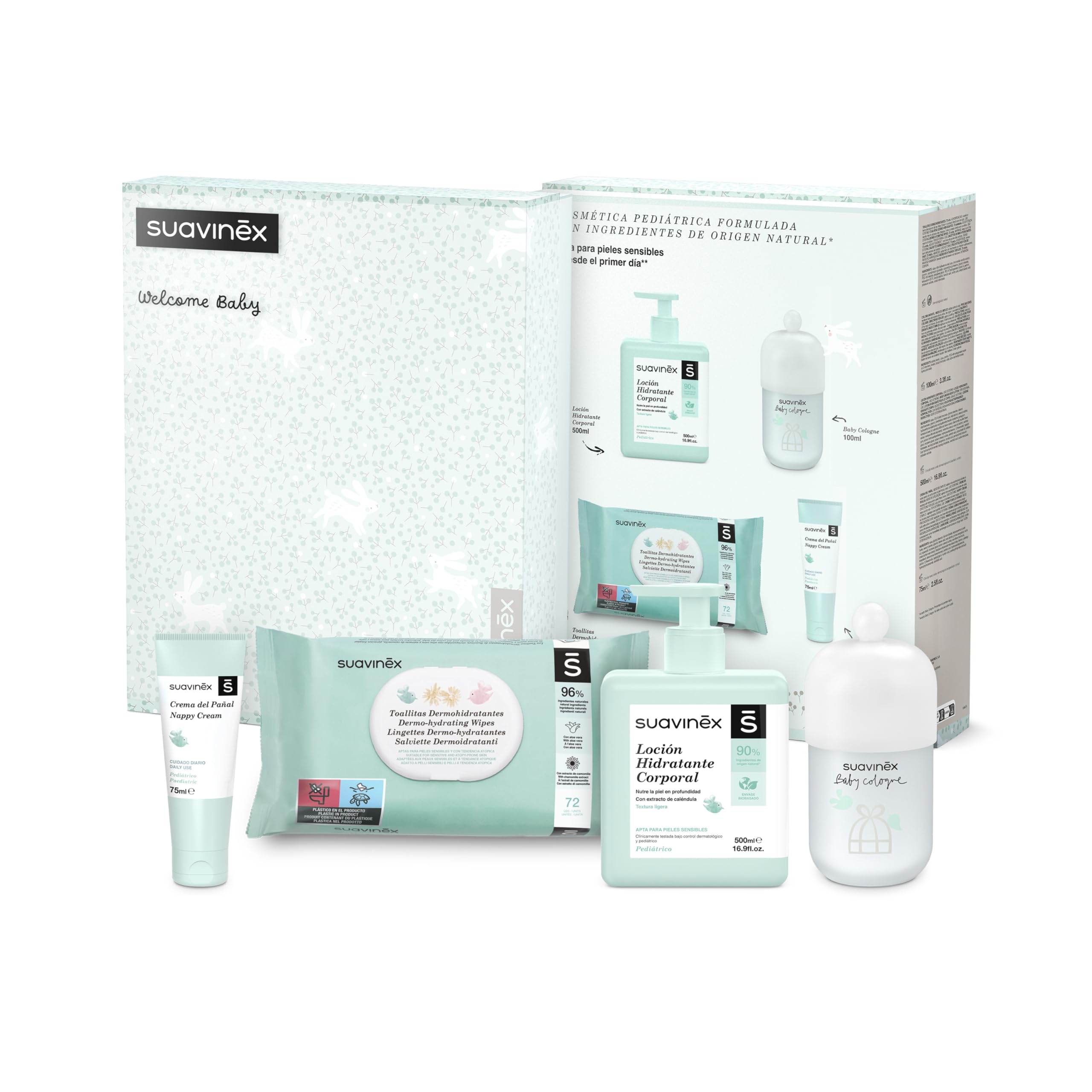 Suavinex, Canastilla Bebé Recién Nacido. Canastilla de Cosmética con: Crema Pañal 75 ml + Loción Hidratante Corporal 500 ml + Fragancia Baby Cologne 100 ml + Toallitas 60 uds. Regalo para Bebés. Azul