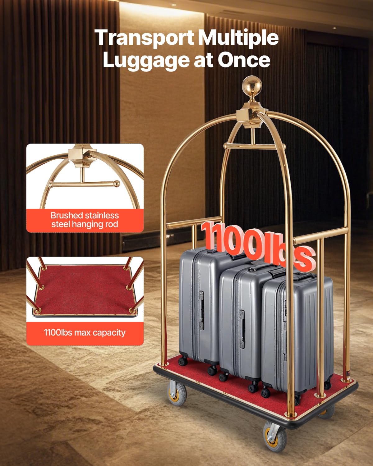 VEVOR Chariot à Bagages Hôtel, 500 kg, Chariot Porte-bagages Concierge Finition Inox Brossé, Montants Incurvés, avec Moquette Rouge, Roues Caoutchouc 15,24 cm, pour Hôtels, Condos, Complexes Hôteliers