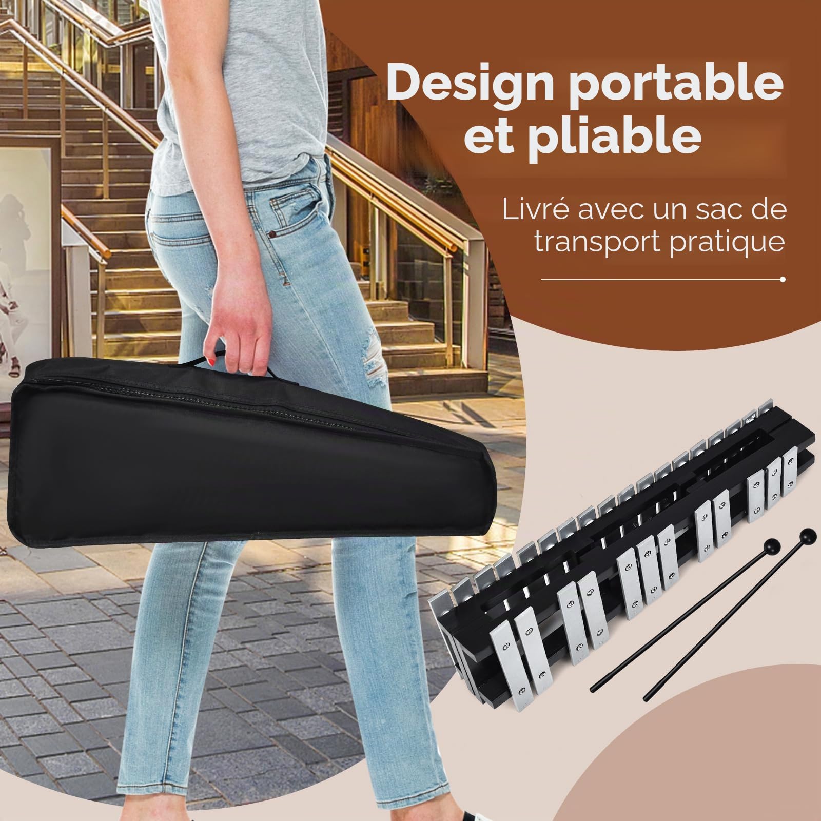 KOMFOTTEU Xylophone de 30 notes, instrument de percussion avec touches en aluminium et 2 maillets, carillon enfant avec sac de transport, instrument de musique pour enfants et adultes