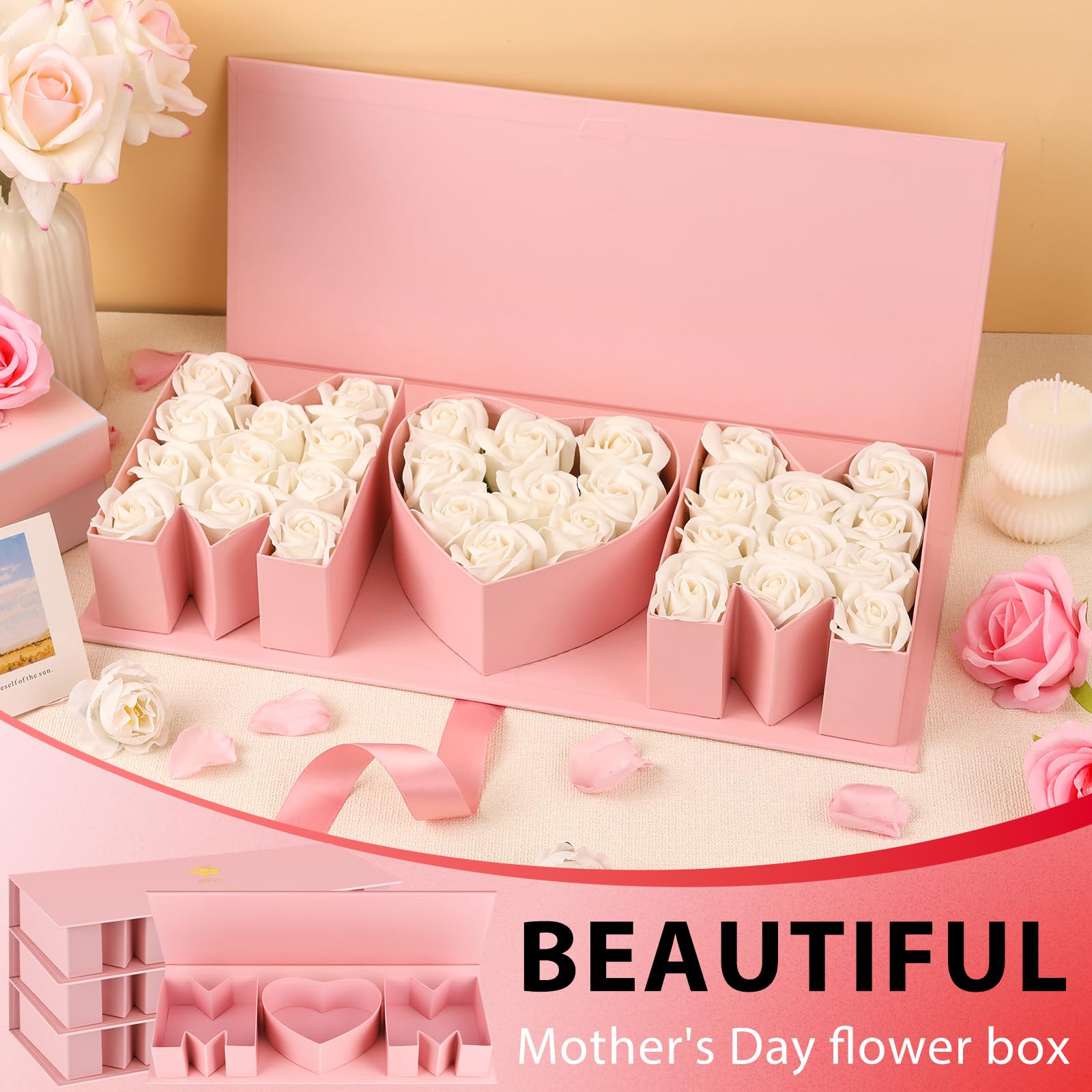 PYQTH 4 Pack Empty Flower Gift Box for Mom, Mothers Day Mom Box for Flowers Thicker Letter Shaped Gift Boxes Fillable Chocolate Candy Packaging Boxes for Mother's Day Birthday (Pink)