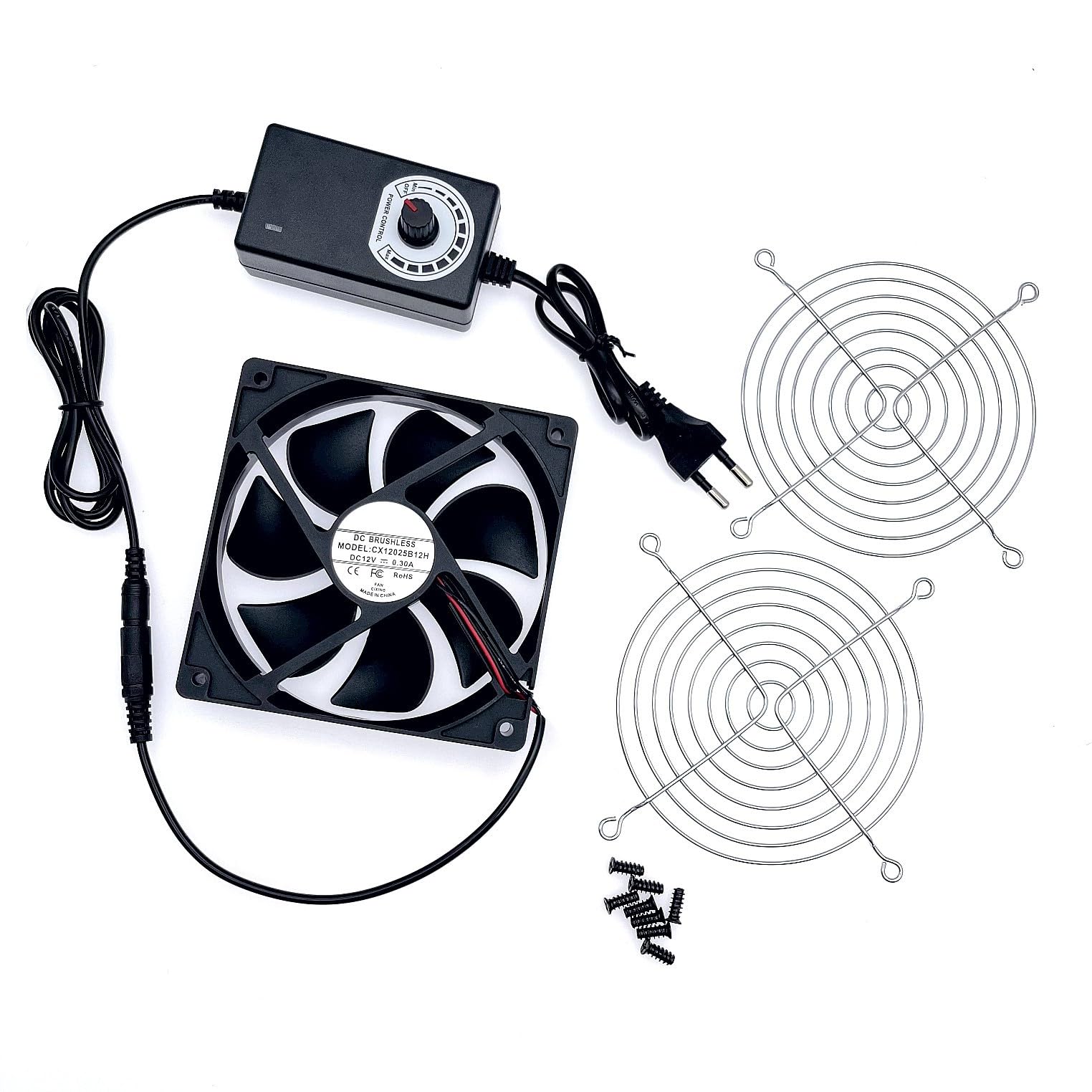 JZK 0.3A DC 12V Ventilador refrigeración 12cm con control velocidad ajustable, 12025 ventilador sin escobillas con rejilla metálica para ventilador mascotas, máquina hielo, caja PC, 120mm x 25mm