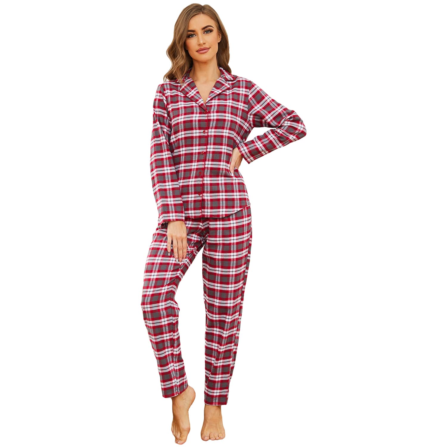 Mnemo 100% Cotton Pyjamas Set for Women Button Down Long Sleeves Pjs Plaid Pajamas Loungewear Red