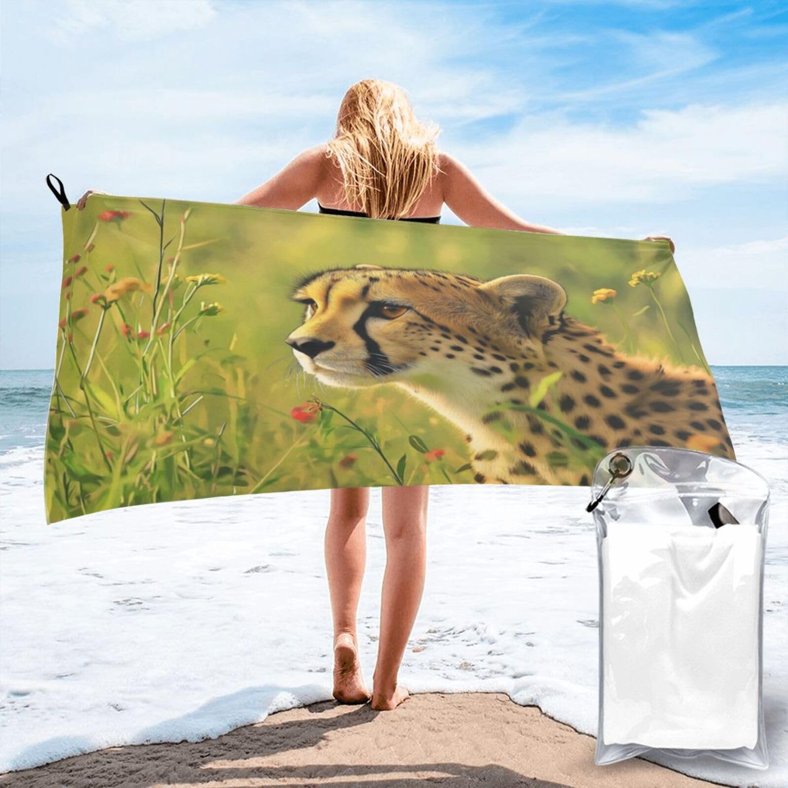 Anceky Digital Painting of Cheetah in Field Quick Dry Microfiber Travel Towel with Carry Case and Carabiner 27.5"X55"