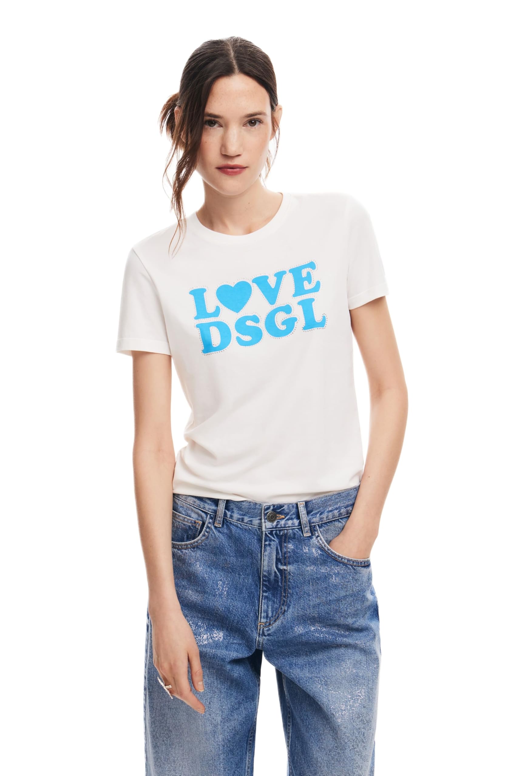 Desigual Women's White Knit T-Shirt Short Sleeve