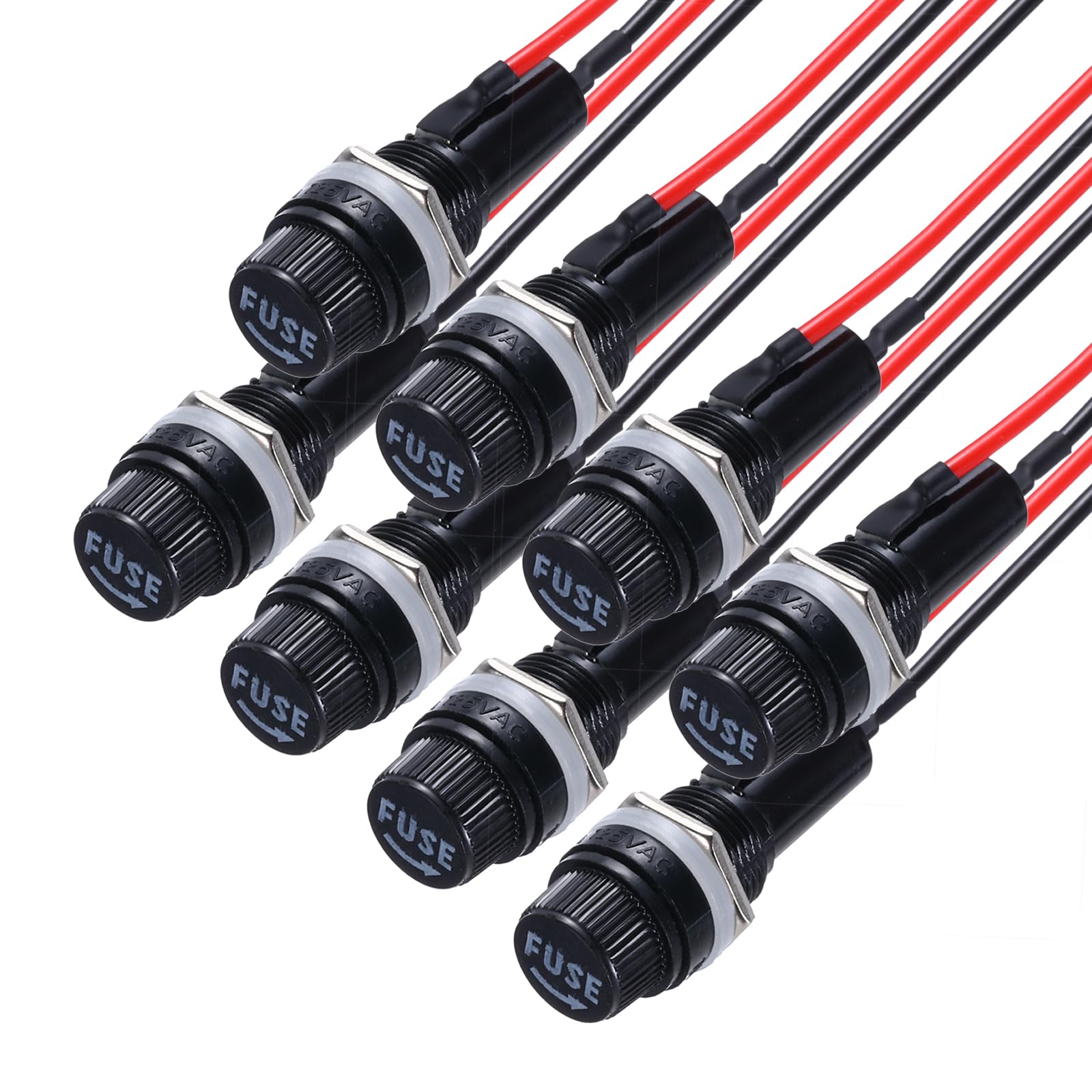 sourcing map 8Pcs Panel Mount Fuse Holder 6x30mm AC 250V 10A/AC 125V 15A Screw Cap Fuse Holders with Pre-Soldered Wires, Oblate Port