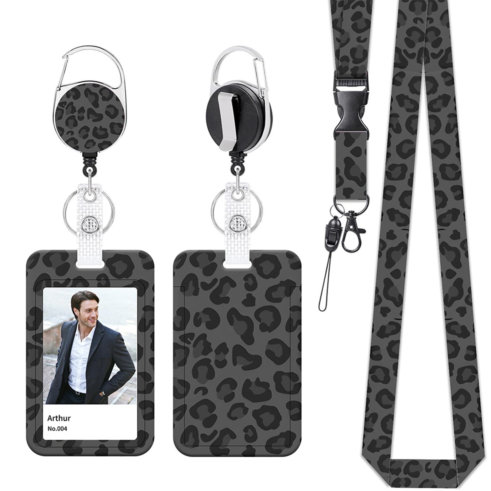 Porta Badge Retrattile Leopardato con Clip e Cordino Staccabile, Badge Holder per Impiegati, Medici, Infermieri, Insegnanti, Grigio