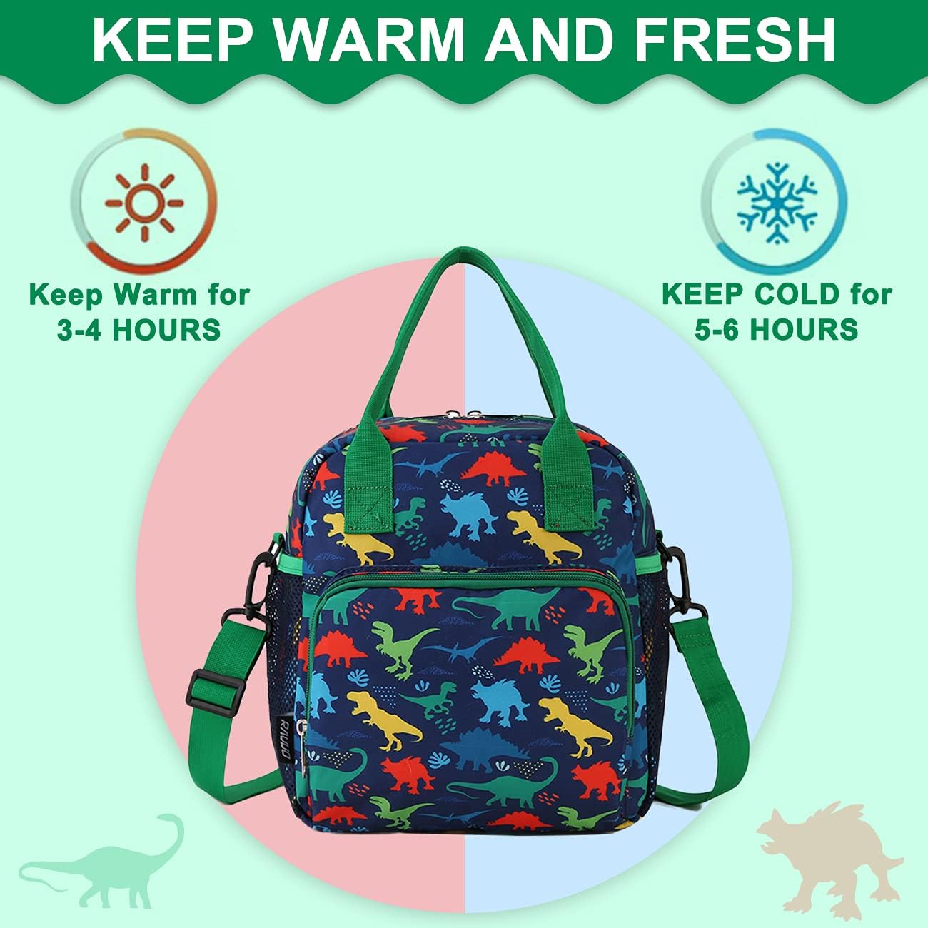 RAVUO Lunch Box for Boys, Dinosaur Insulated Lunch Bag for Kids Children Cute Insulated Cooler Thermal Meal Tote Kit with Handle and Detachable Shoulder Strap
