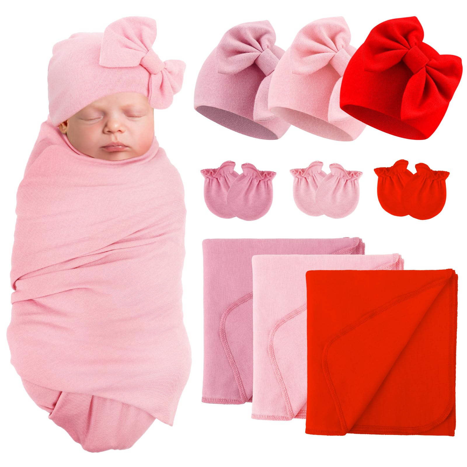 AQOKKA Newborn Receiving Blanket with Bow Hat Mittens Set Nursery Swaddle Wrap Toddler Swaddles for Newborn Baby Boy Girl