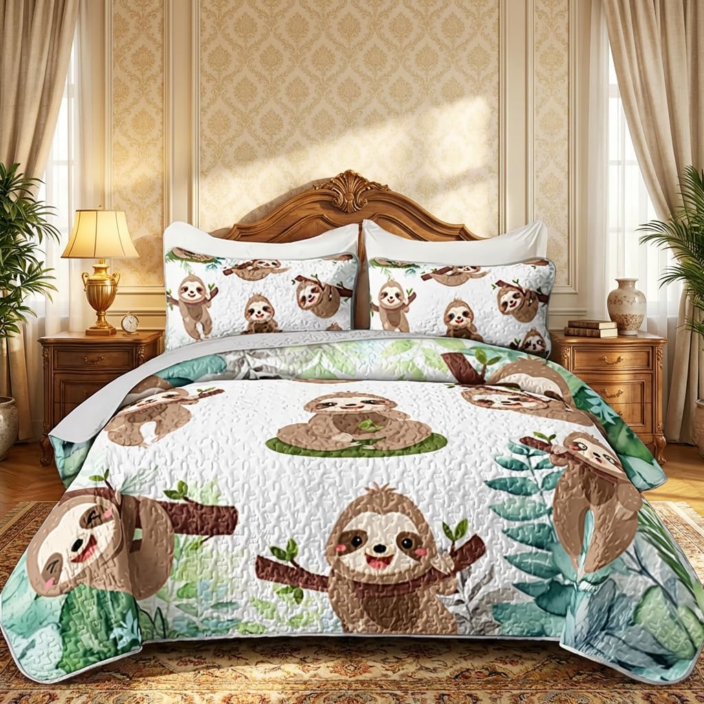 AILONEN Cute Sloth Quilted Bedspread Set Full Size,Cartoon Sloth Lying on The Branch Bedding Bedspread Coverlet Set for Kids Girls,Soft Lightweight,1 Kawaii Animal Bed Cover + 2 Pillowcases,3-Piece
