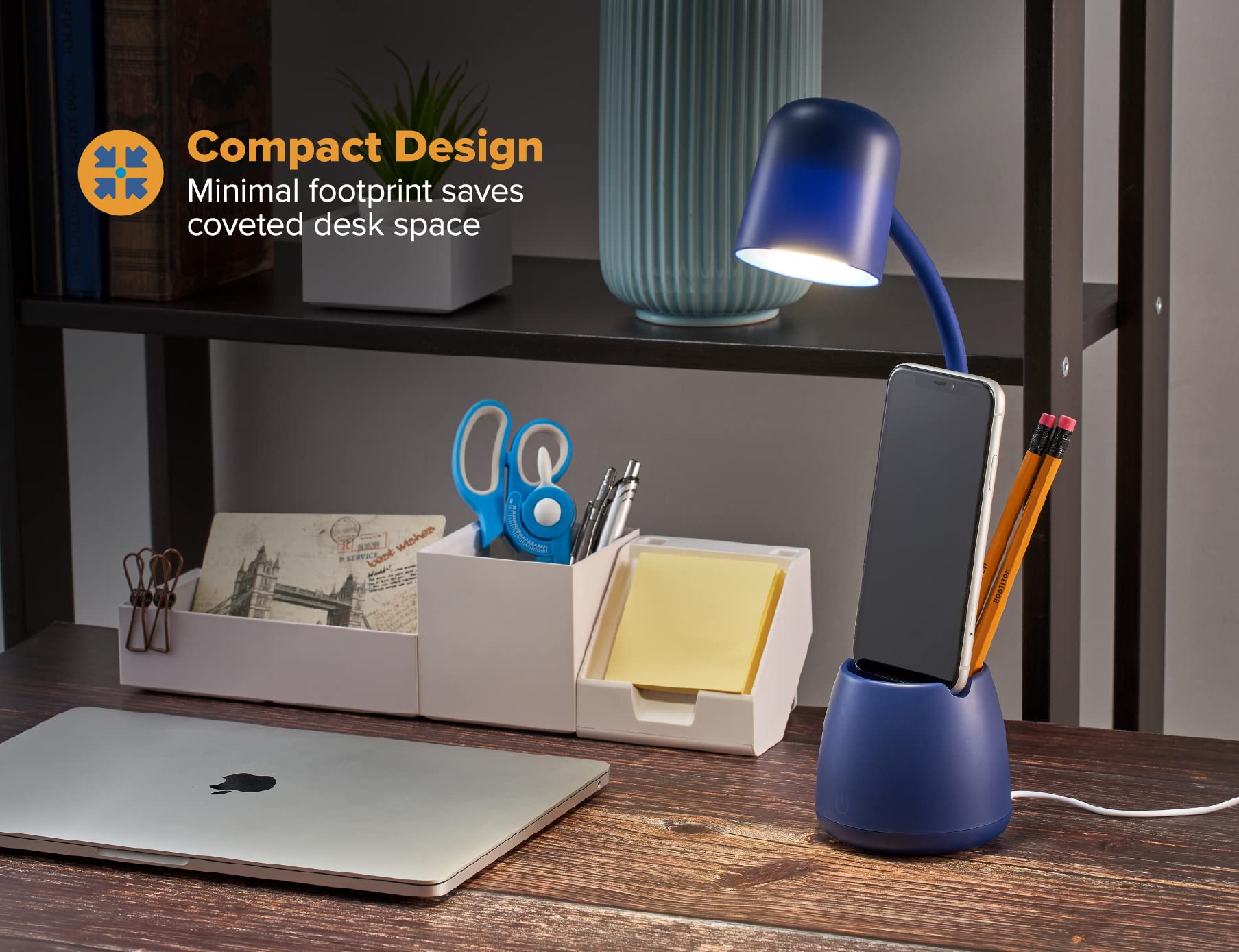 Office LED2105-NVY - Lámpara regulable con taza de almacenamiento, tres niveles de brillo, atenuador sensible al tacto, eficiencia energética, azul 4