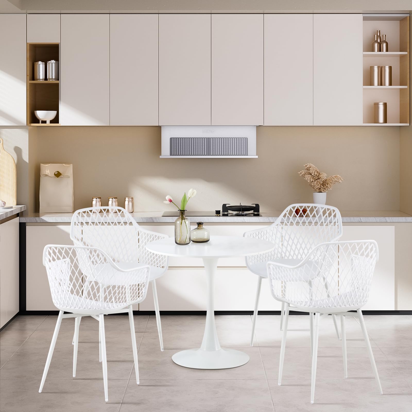 buybyroom Skandinavisches Weißem Esstisch und 4 Weißen Stühlen, Runder Esstisch, Küchenstühle, Geeignet für Wohnzimmer, Esszimmer und Büro, 80 cm Runde Unterbrochene Tischplatte