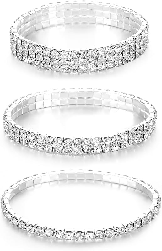3PCS Rhinestone Bracelet for Women, Sparking Silver Crystal Cuff Jewelry Set, Stackable Charm Bangle for Date Night Bridal Wedding Birthday Party Favor, Fit for Diamonds Outfits