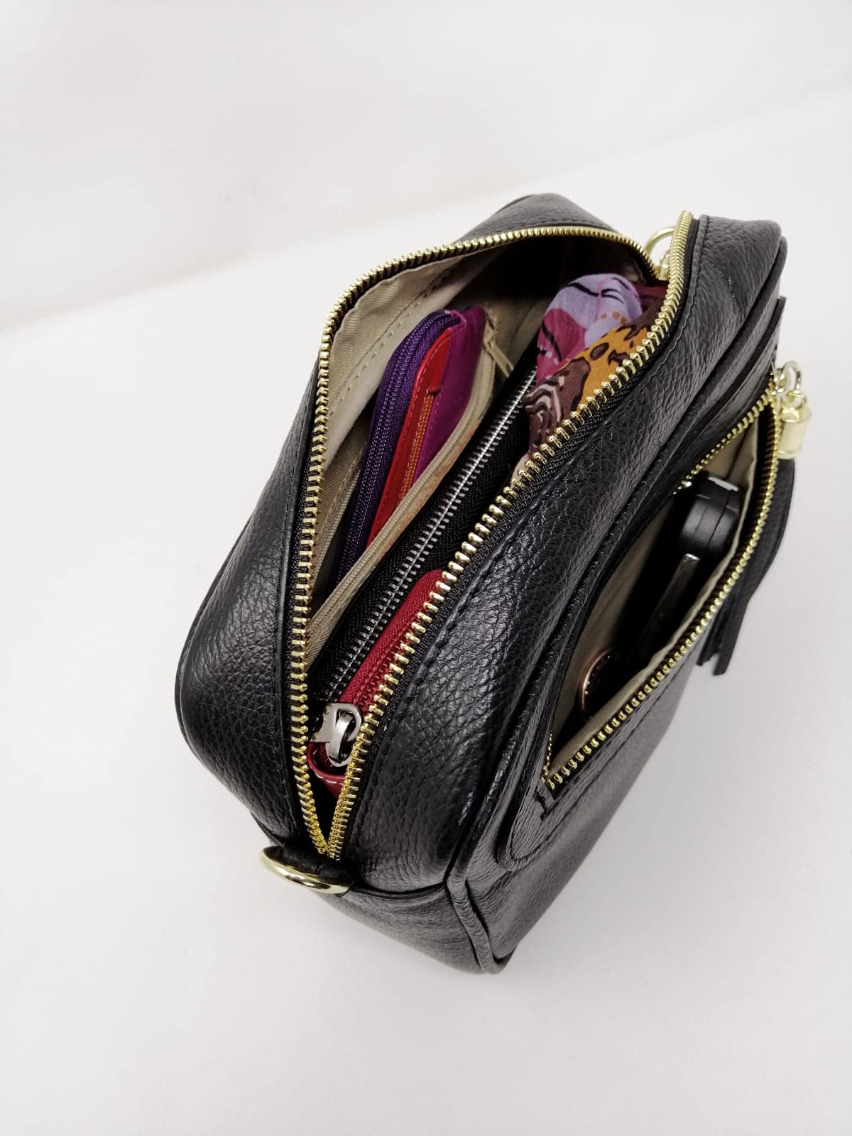 Bolso Bandolera Mujer Pequeño de Cuero, Ajustable, 2 Bolsillos con Cremallera Piel, Artesanía italiana, Joy