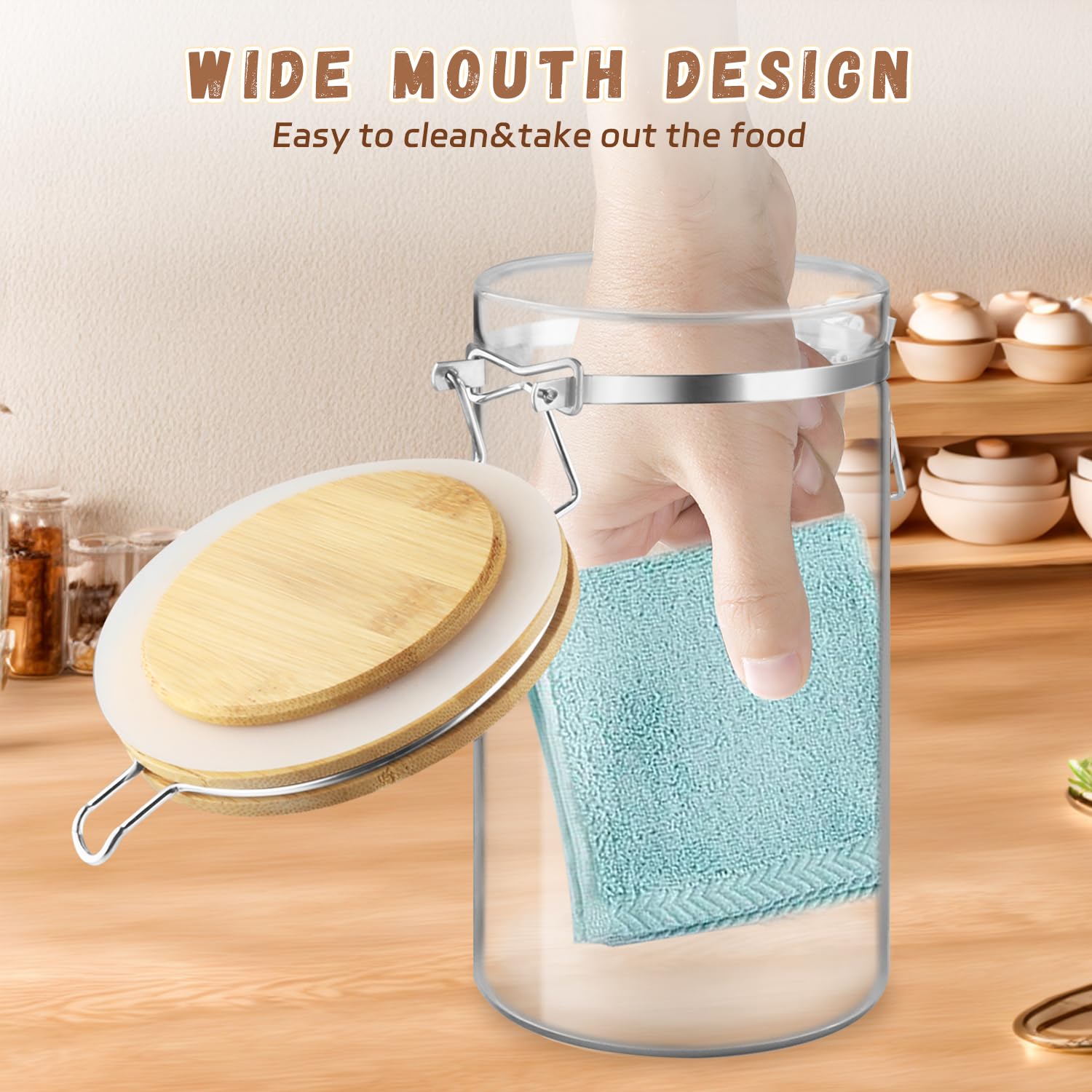 Set di 2 barattoli in vetro con coperchio in bambù, vuoti, con morsetto di bloccaggio, contenitori da cucina in vetro, per chicchi di caffè, zucchero, tè, spezie e altro (1250 ml/4 oz)