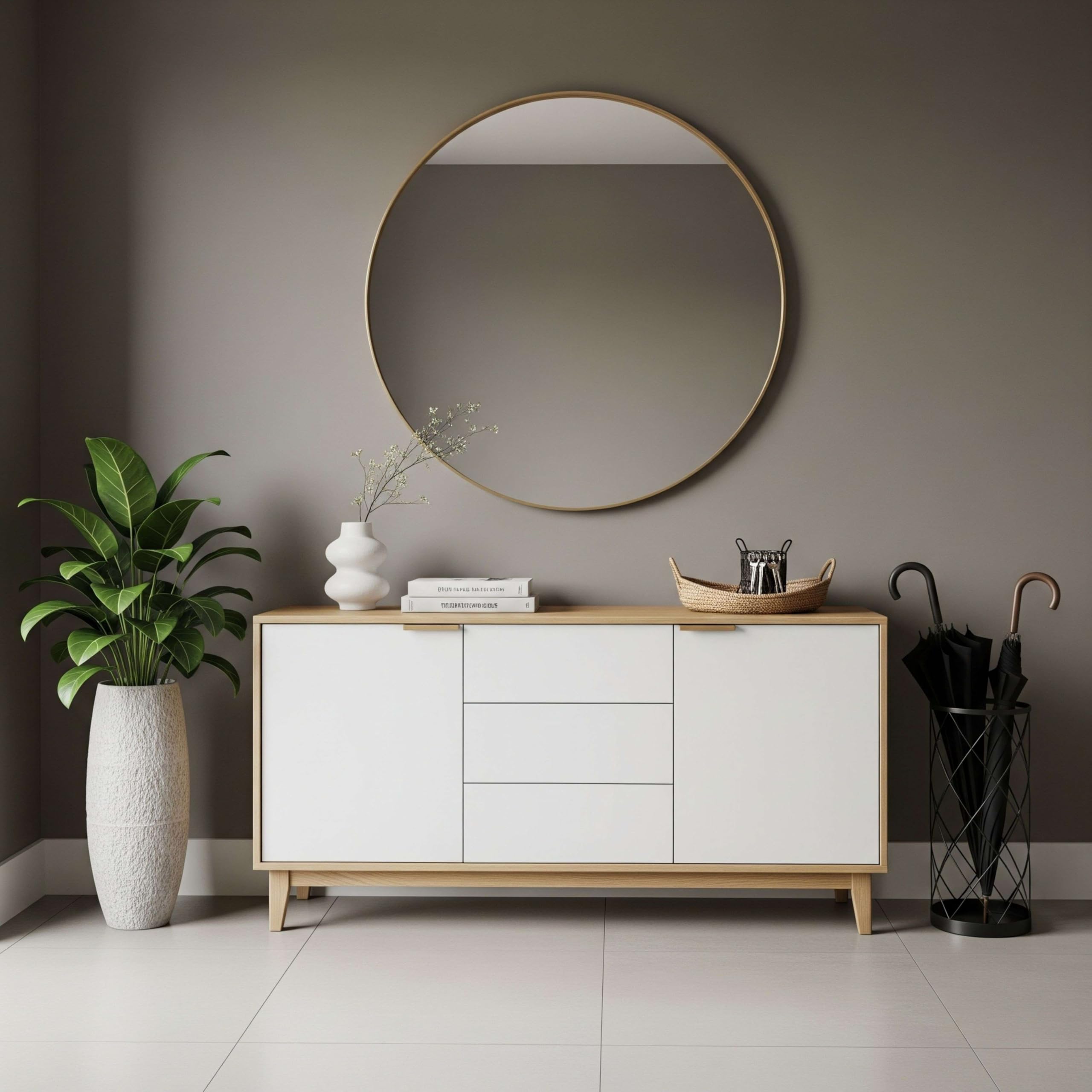 Fabrikit Mueble aparador Elis salón Comedor despacho Color Blanco Mate y Naturale 3 Puertas 1 Hueco 81x140x40 cm