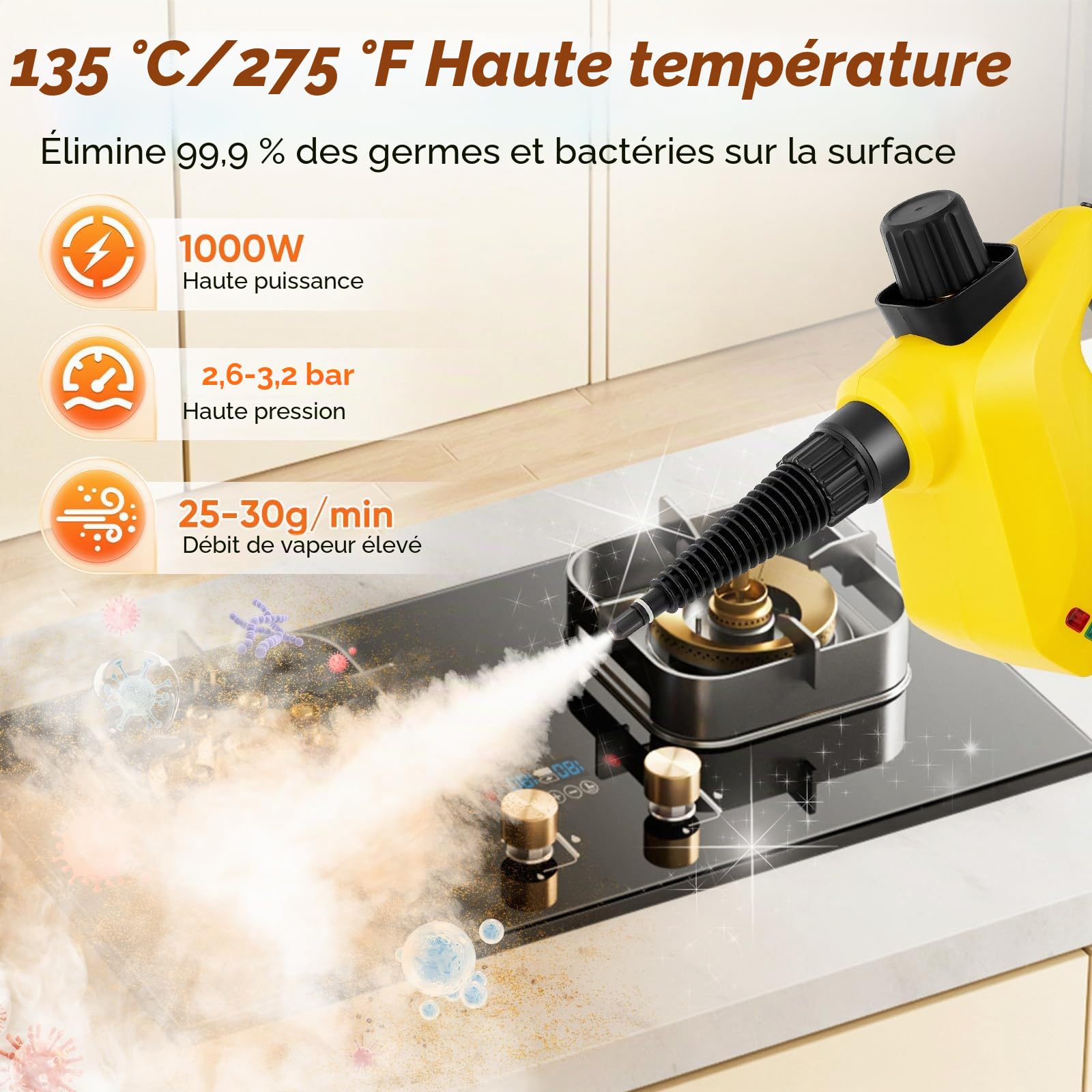 Nettoyeur Vapeur,Nettoyeur Vapeur Portable avec serrure de sécurité et kit d'accessoires de 10 pièces,Steam Cleaner pour Taches sur Vitres,lit,Matelas,Tapis,Voiture,Cuisines（Jaune）
