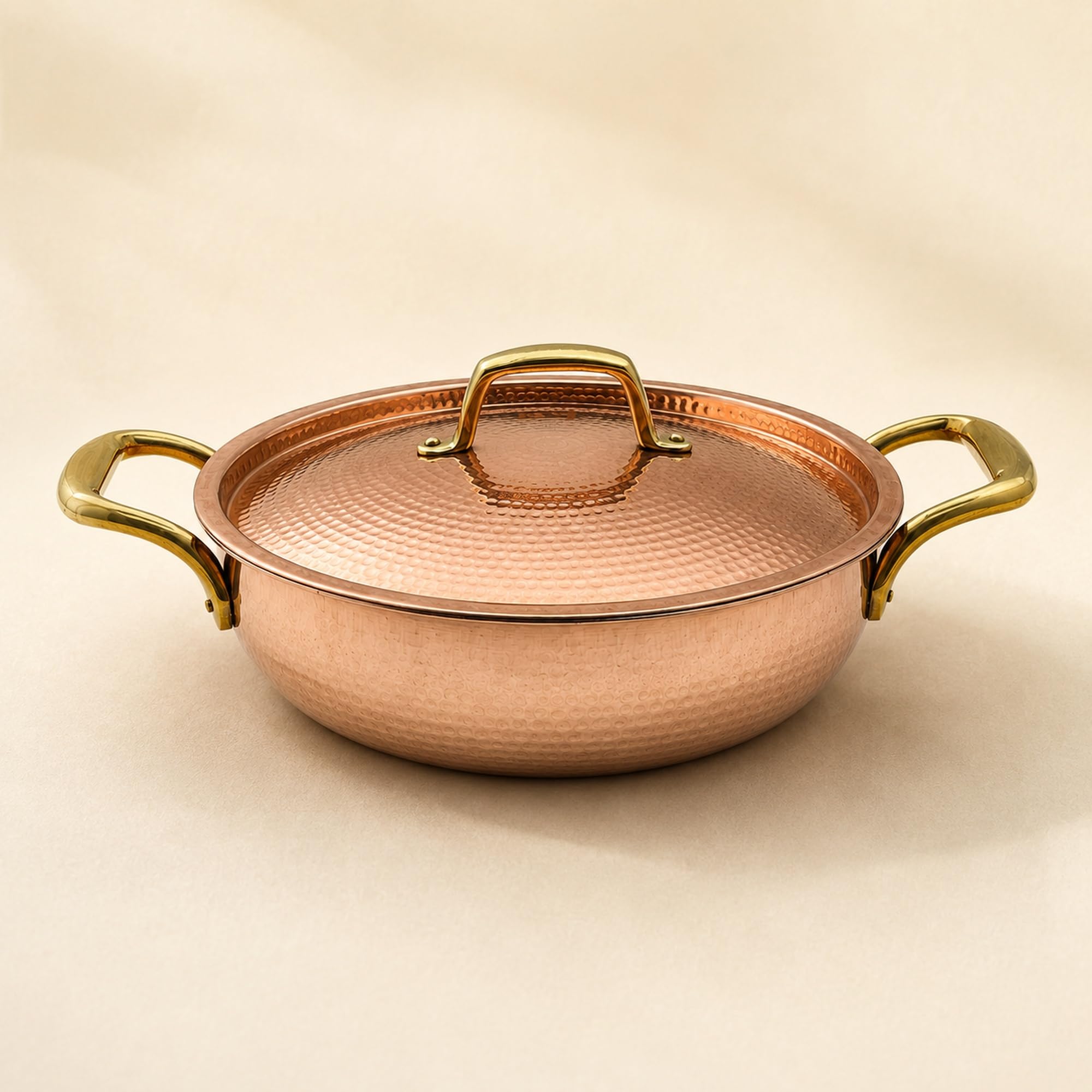 SHIV SHAKTI ARTS Copper Kadai with Lid & Brass Handles, 2.5 Litre | Hammered Vintage Kadhai with Inside Tin Kalai Lining for Sabji, Curry, Dal, Halwa & Biryani-picture-12