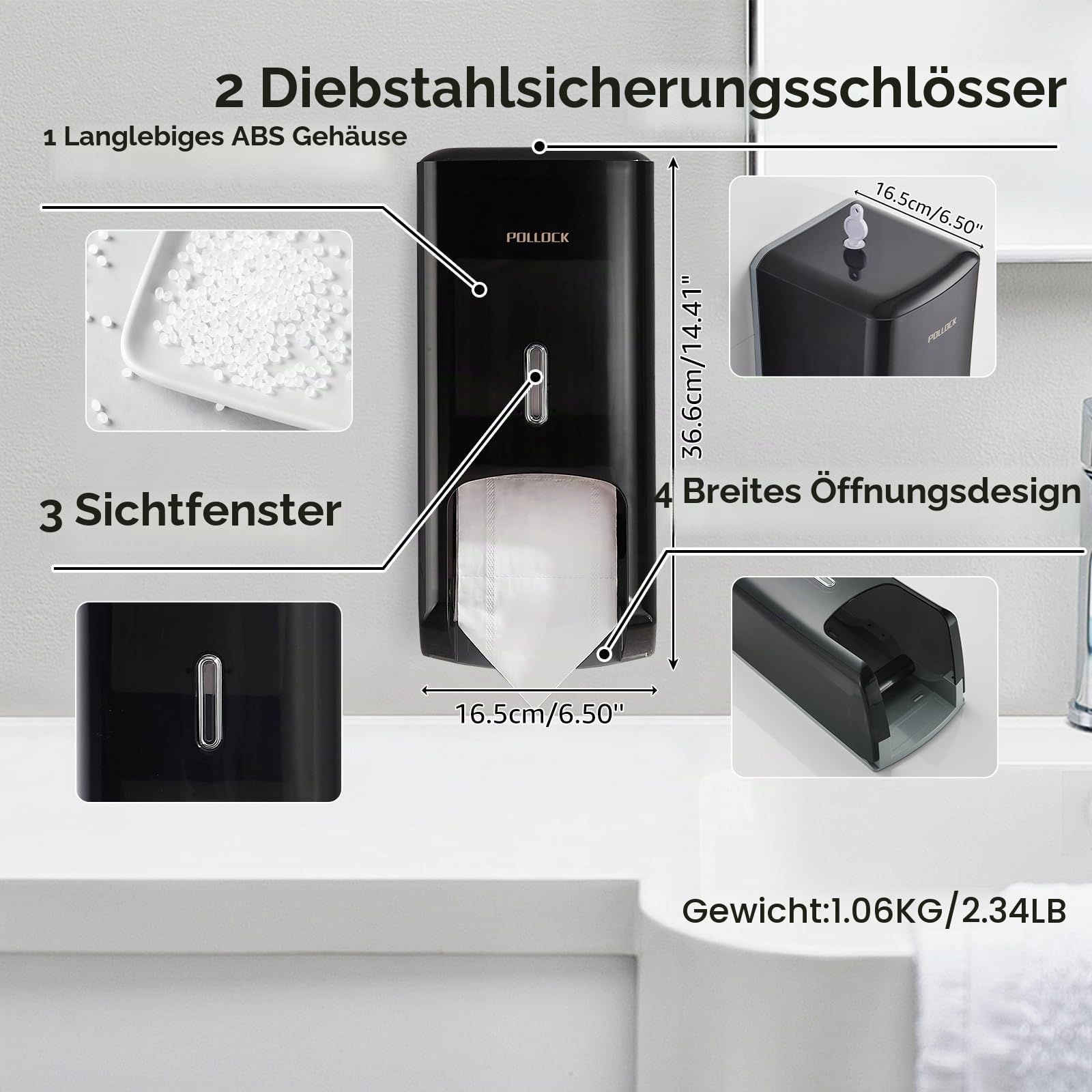 Pollock Toilettenpapierspender 2 Rollen – Ohne Bohren | Große Kapazität | Wandmontage | abschließbar | Doppelrollenspender | Handtuchspender | Wandhandtuchspender, Geeignet für Gewerbeflächen, Schwarz