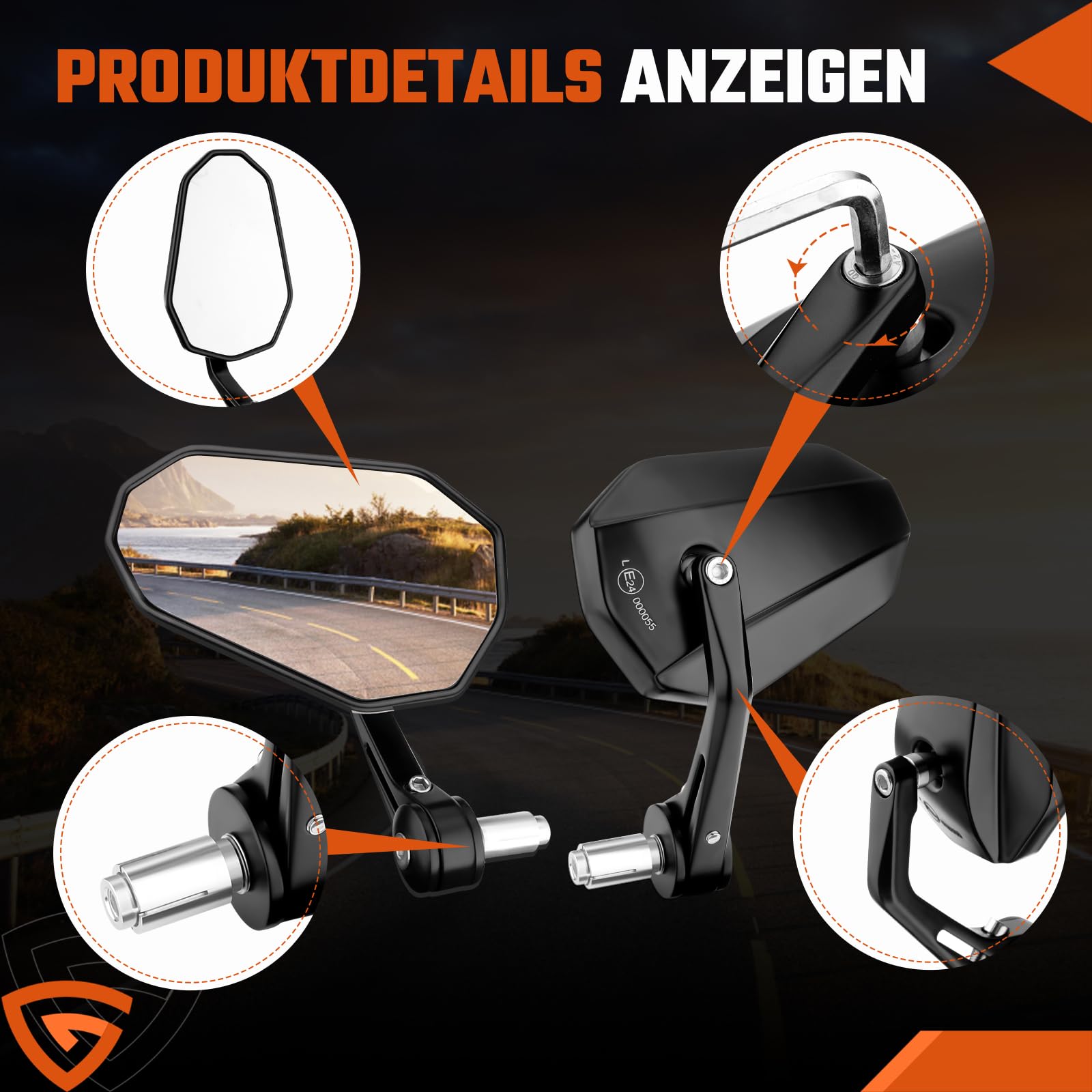 GEARMONSTER Lusterko motocyklowe z certyfikatem E, 360°, 2 sztuki | Lusterko wsteczne do motocykla, obracane o 360°, aluminium CNC, uniwersalne, skutery, quady, koniec kierownicy, łatwy montaż
