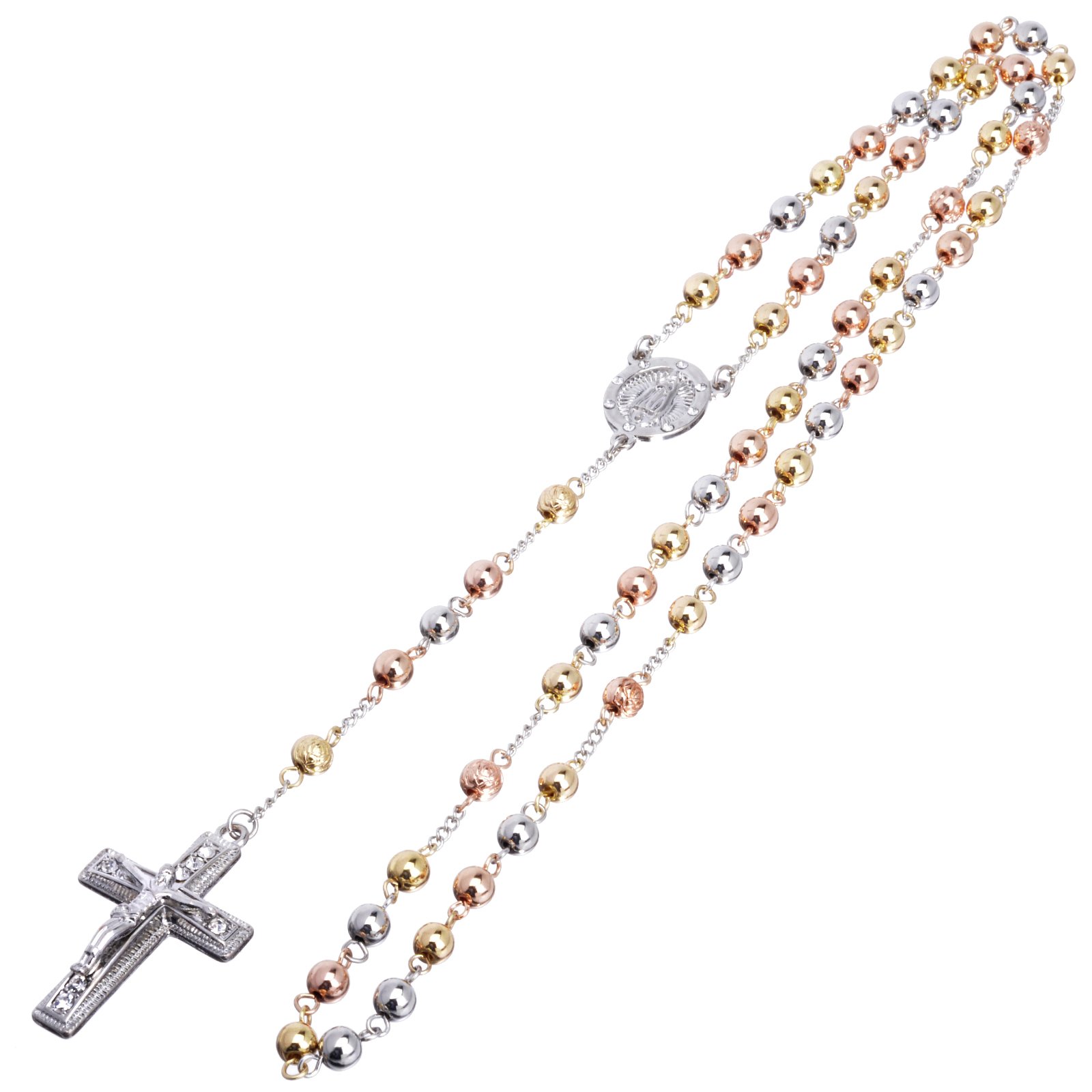 metaltree98 Rosary Gold Silver Black Rose Gold Tone Guadalupe Jesus Cross 28" Necklace HR 600