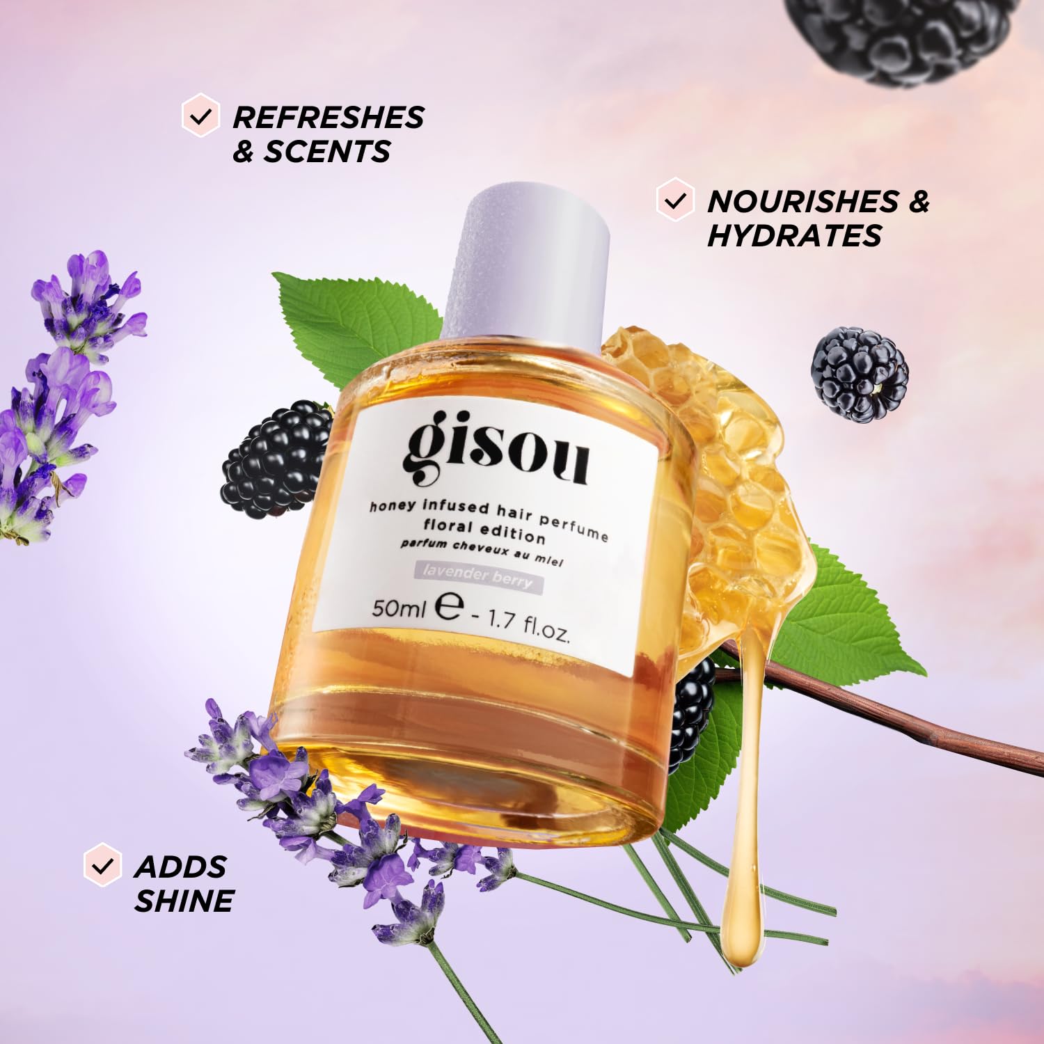 Gisou Honey Infused Hair Perfume Mini – Long-Lasting Hair Fragrance with Mirsalehi Honey & Argan Oil, 15ml, Lavender Berry