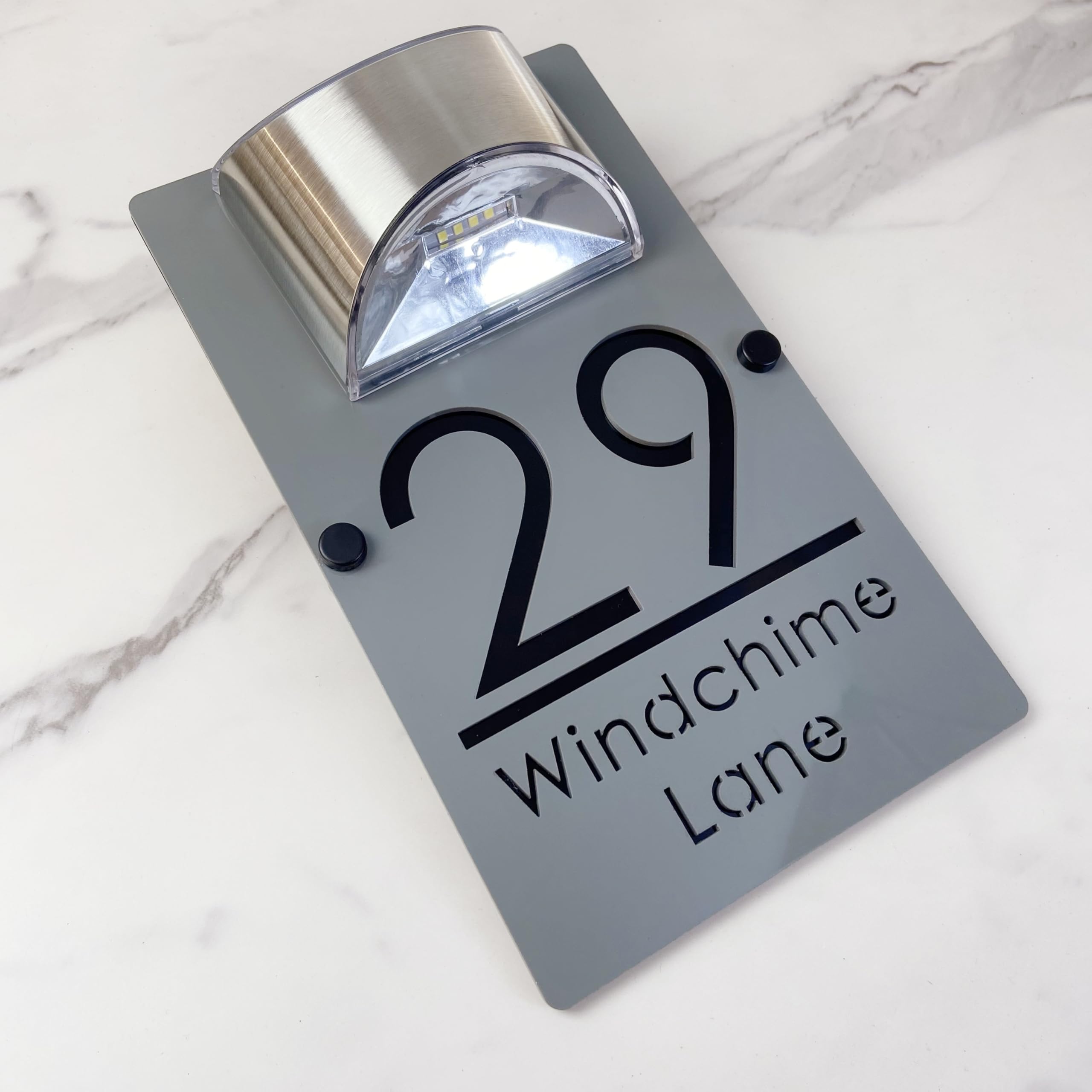 Solar Powered LED House Number Sign – Personalised Illuminated Door Plaque with Laser Engraving – Auto ON at Night – Waterproof Acrylic Address Plate for Home Wall or Gate (Gray black)