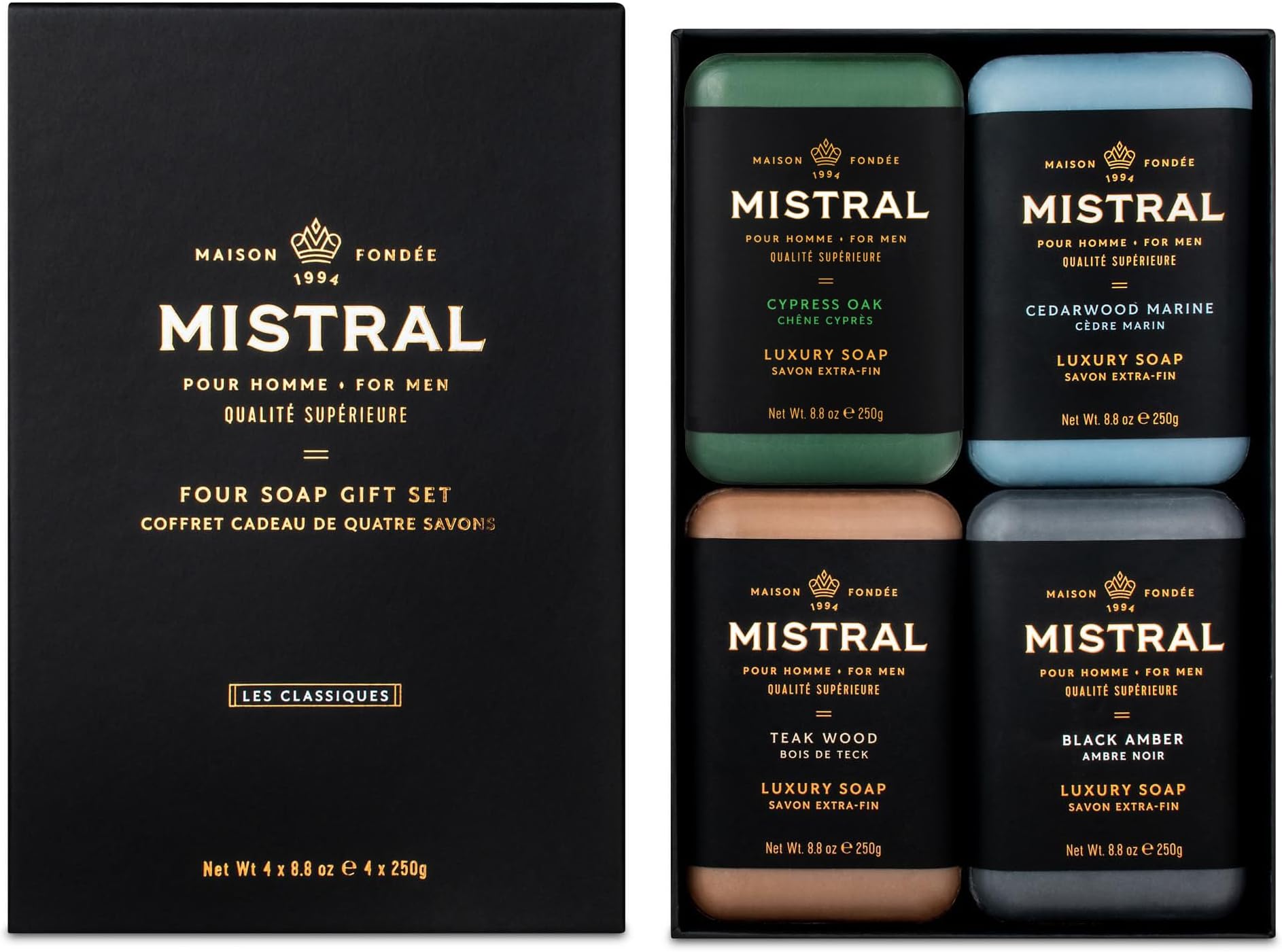 Mistral Men’s Luxury Bar Soap for Men | Gift Set (4 x 8.8 oz) – Cypress Oak, Cedarwood Marine, Teak Wood, Black Amber | Moisturizing, Triple-Milled Natural Soap for Men | Made in France
