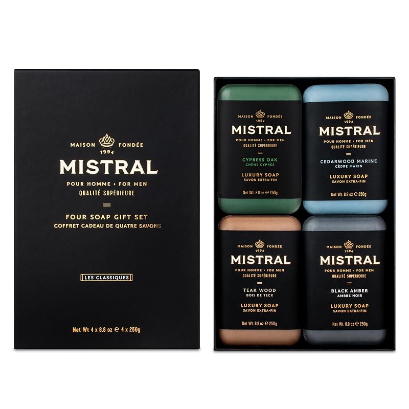Sabonete em barra Mistral para homens, conjunto com 4 fragrâncias, 4 unidades de 249 g