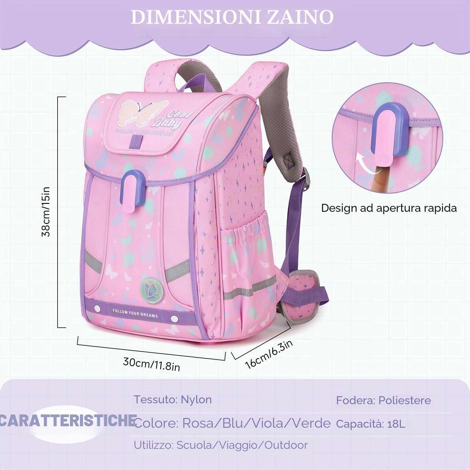 Amythe Zaino Ergonomico Ragazza 1a-4a Elementare Cintura Toracica | Zaino Scolastico Bambini 6-10 Anni Cintura Rimovibile Riflettente 24L Rosa
