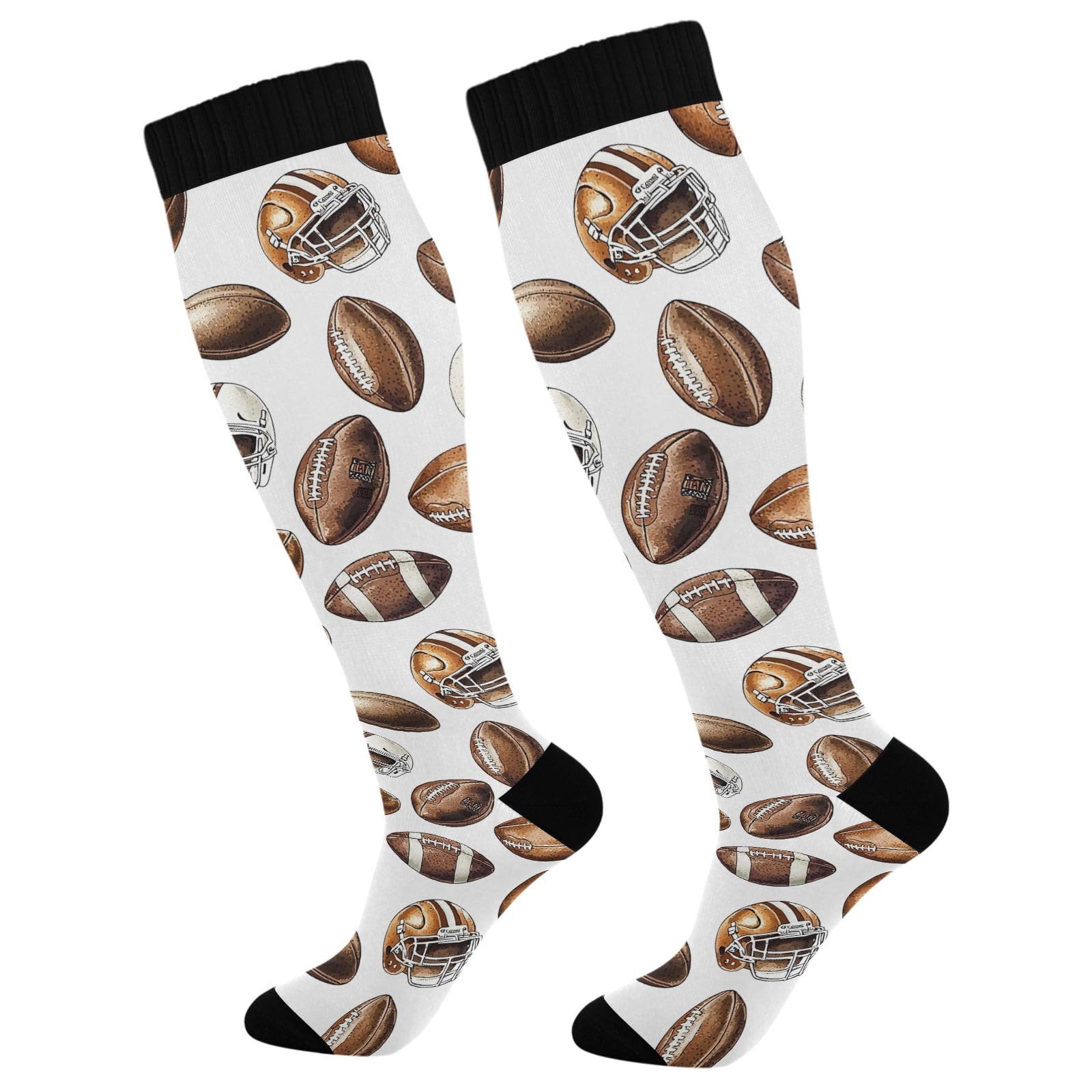 MFTJYO Football Brown Helmet Tile Pattern Compression Socks for Women Men Circulation Long Knee High Socks for Athletic Sports Running