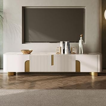 homary 78.7" Sintered Stone TV Stand, Modern Entertainment Center Media Console Table with 4 Doors and Storage Beige, 78.7" W15.7" D20.5" H