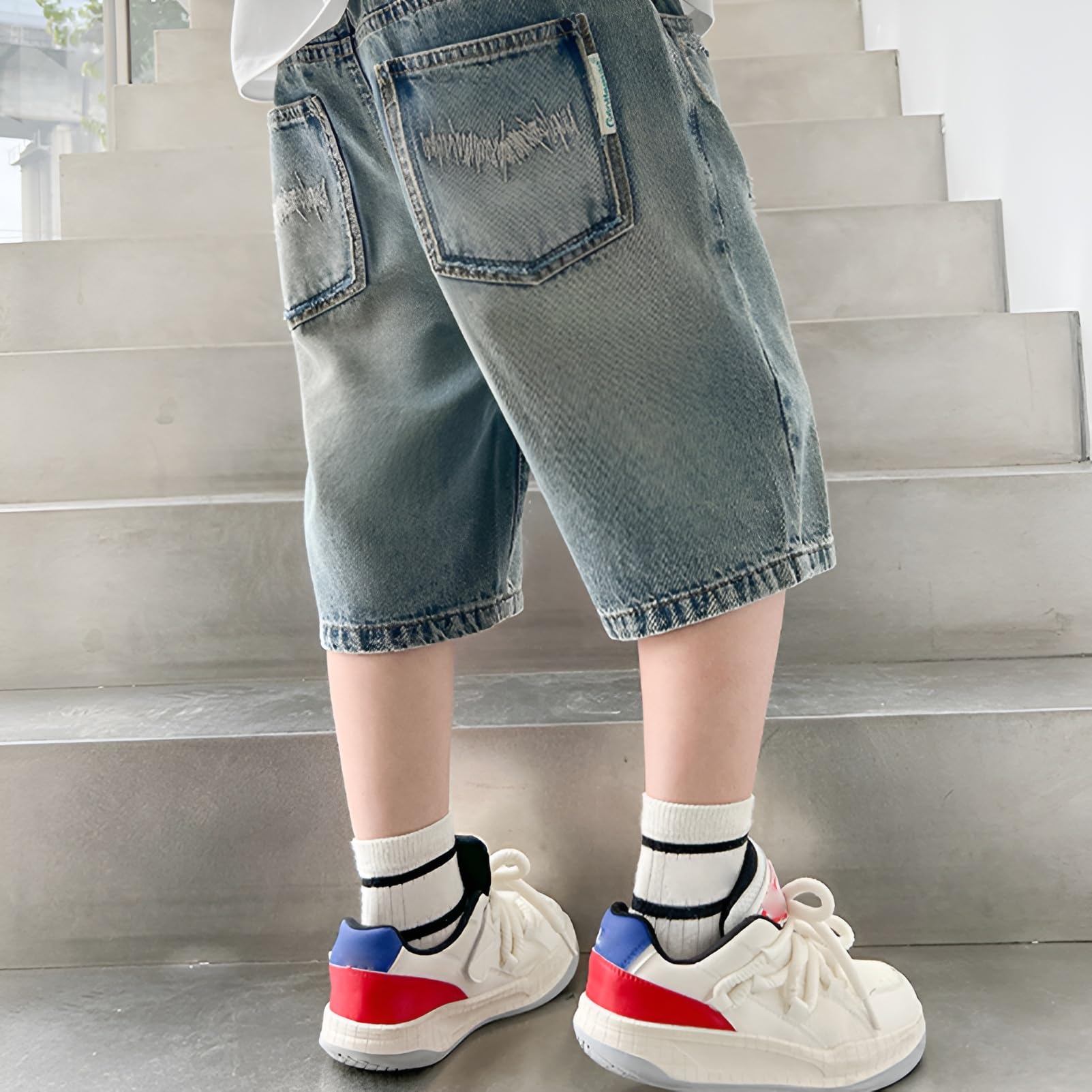 amropi Pantaloncini Jeans da Bambini e Ragazzi Corti Pantaloni in Denim Vita Elastica Larghi Bermuda Shorts per 3-12 Anni