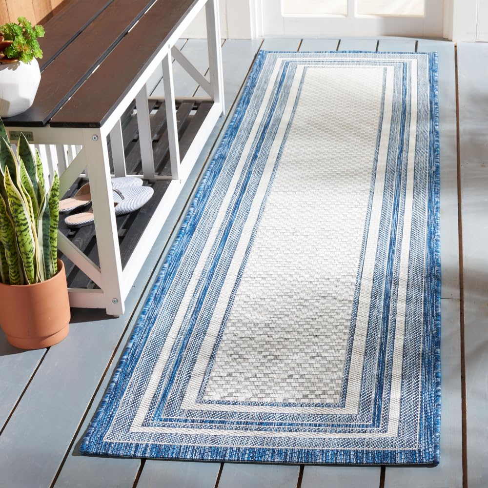SAFAVIEH Courtyard Collection 2'3" x 8' Ivory/Navy CY8475 Indoor/ Outdoor Waterproof Easy Cleaning Patio Backyard Mudroom Runner Rug