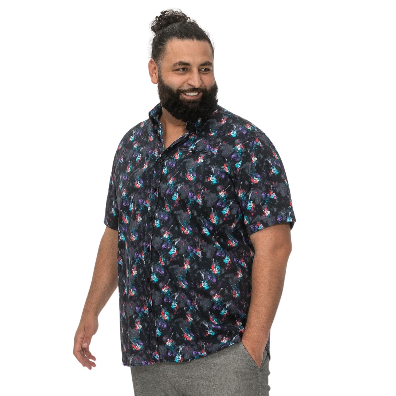 D555 FARNBOROUGH Guitar Print Short Sleeve Shirt for Men in Black, 3XL