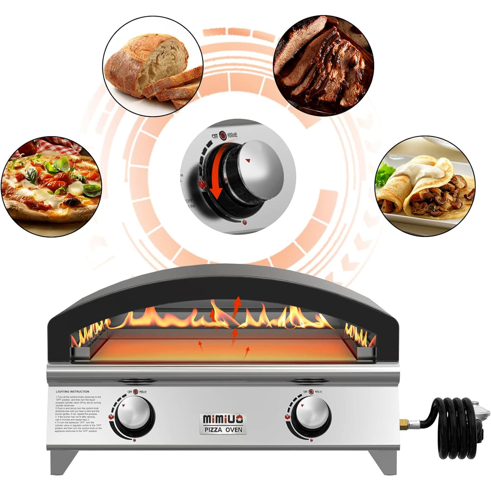 Horno de pizza de gas al aire libre de 25 pulgadas, horno portátil de propano para pizza con piedra de hornear grande - Haz 2 pizzas a la vez - Estufa multifuncional de acero inoxidable para 6