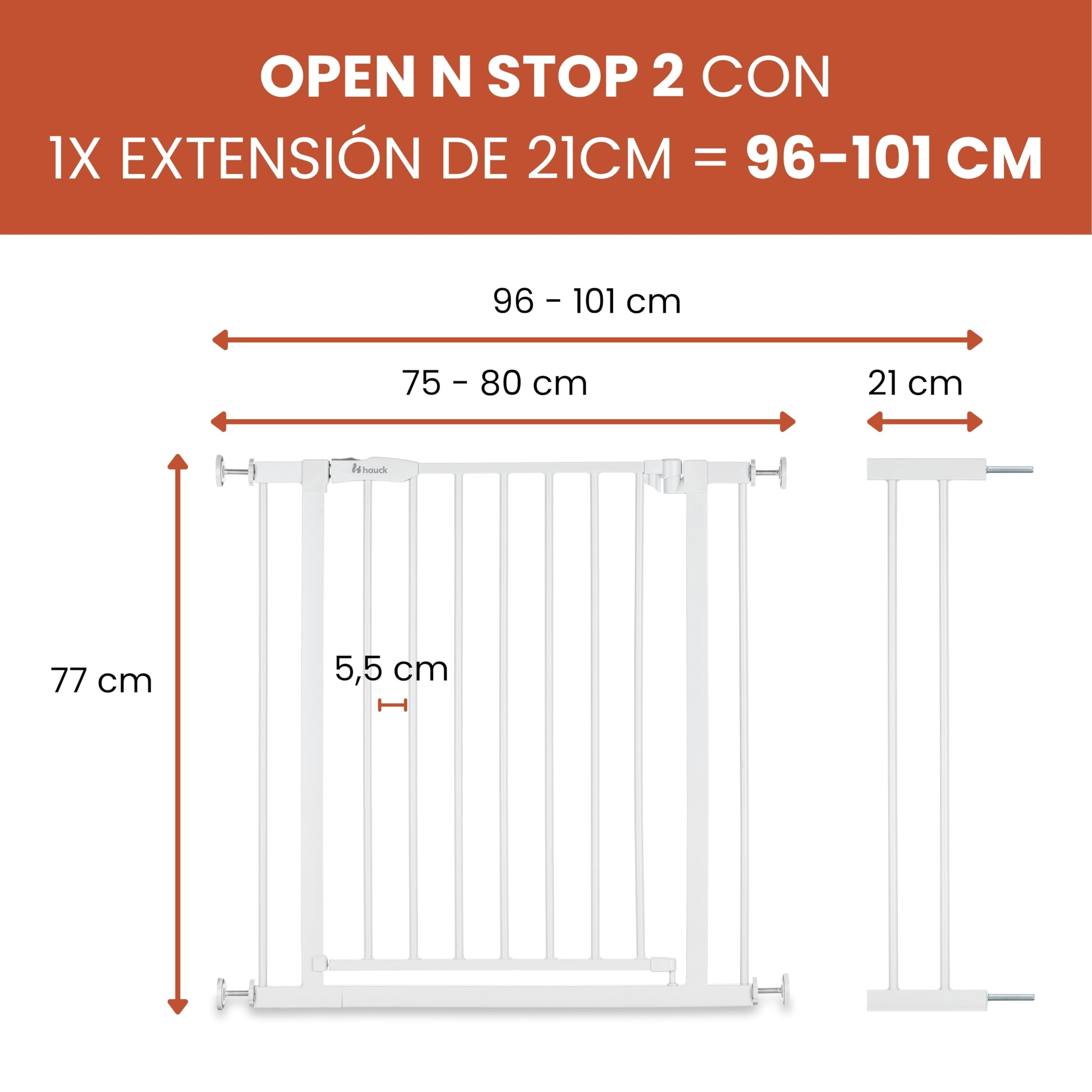 Hauck Open N Stop 2 Barrera Seguridad Niños Escalera para Anchos de 96-101 cm | Puerta Bebé sin Taladrar - Apta como Vallas para Perros - Cierre Manual - para Interior - Blanco