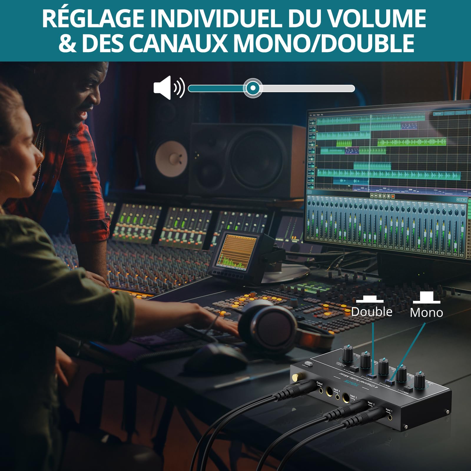 Mini Mélangeur Audio 4 Canaux Stéréo/Mono, 3,5 mm + 6,35 mm avec Contrôle du Volume Indépendant, Faible Bruit, USB Type-C pour Guitare, Clavier, Micro, Casque, PC