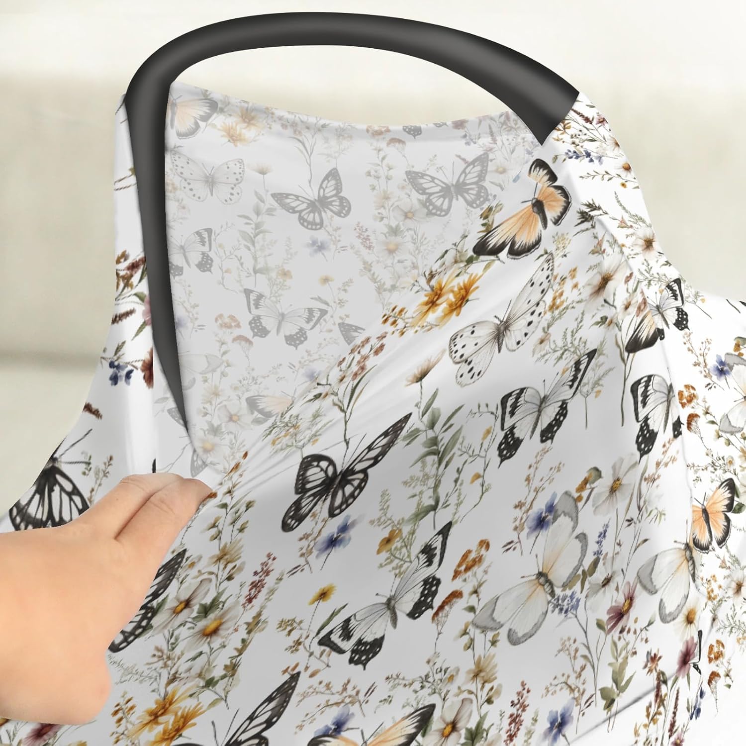 Boho Floral Butterflies Car Seat Cover for Baby Vintage Wildflowers Leaves Stretchy 5-in-1 Covers Adjustable Infant Carseat Cover Canopy Retro Spring Summer Breathable Nursing Cover-Up