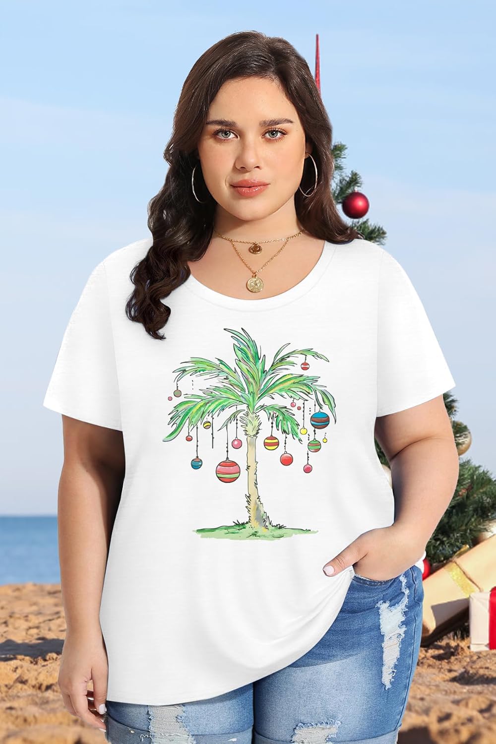Plus Size Christmas in July Shirt Women Palm Tree Graphic Tee Funny Hawaiian Vacation Top Summer Beach Party T-Shirt - Image 2