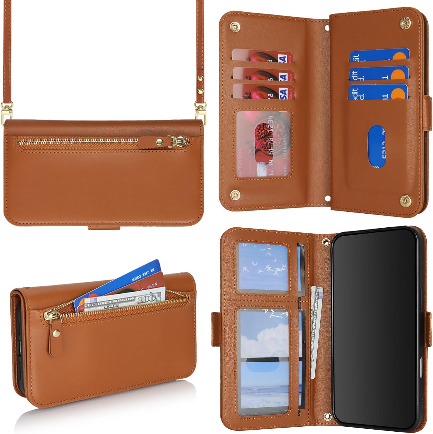 Compatible with iPhone 16 Wallet Case for Women,for iPhone 16 Case with Strap Crossbody Lanyard,PU Leather Shockproof Card Holder Stand Zipper Pocket Flip Phone Cover-Brown