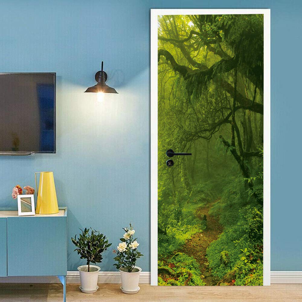 Sticker porte trompe l'oeil paysage naturel forêt escaliers 88x200