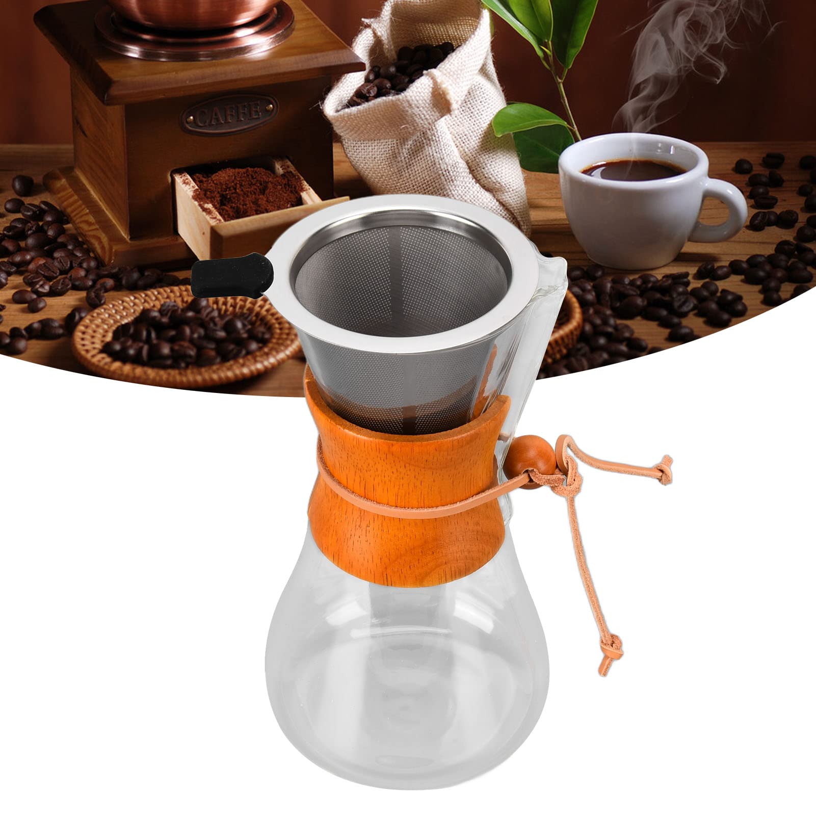 Cafetera de Verter, Cafetera Manual con Gotero de Café de 550 ml con Filtro Permanente de Acero Inoxidable de Doble Capa, Cafetera de Vidrio Resistente Al Calor de Bambú